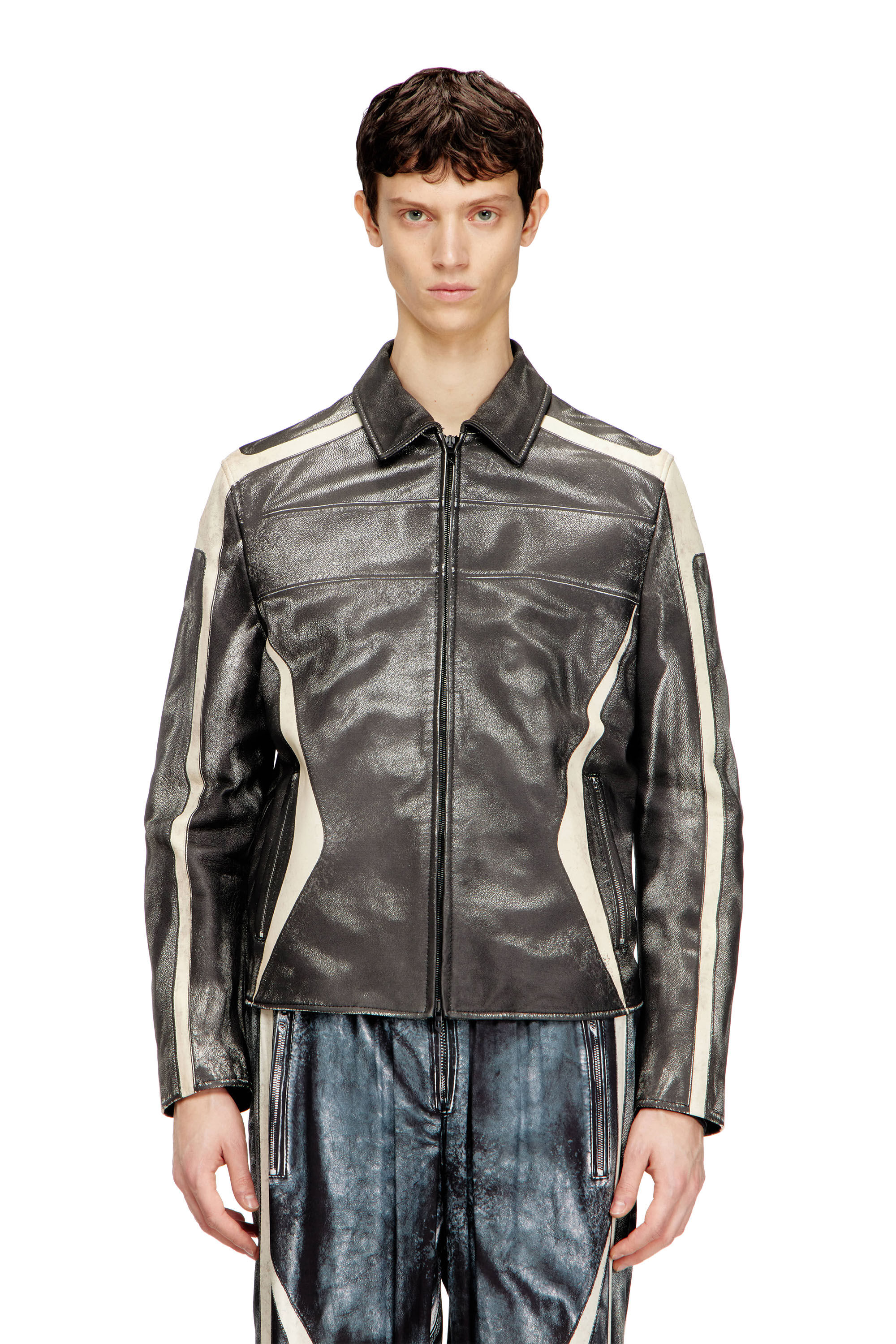 DIESEL スカジャン Men's Leather coach jacket with biker print | Multicolor | Diesel