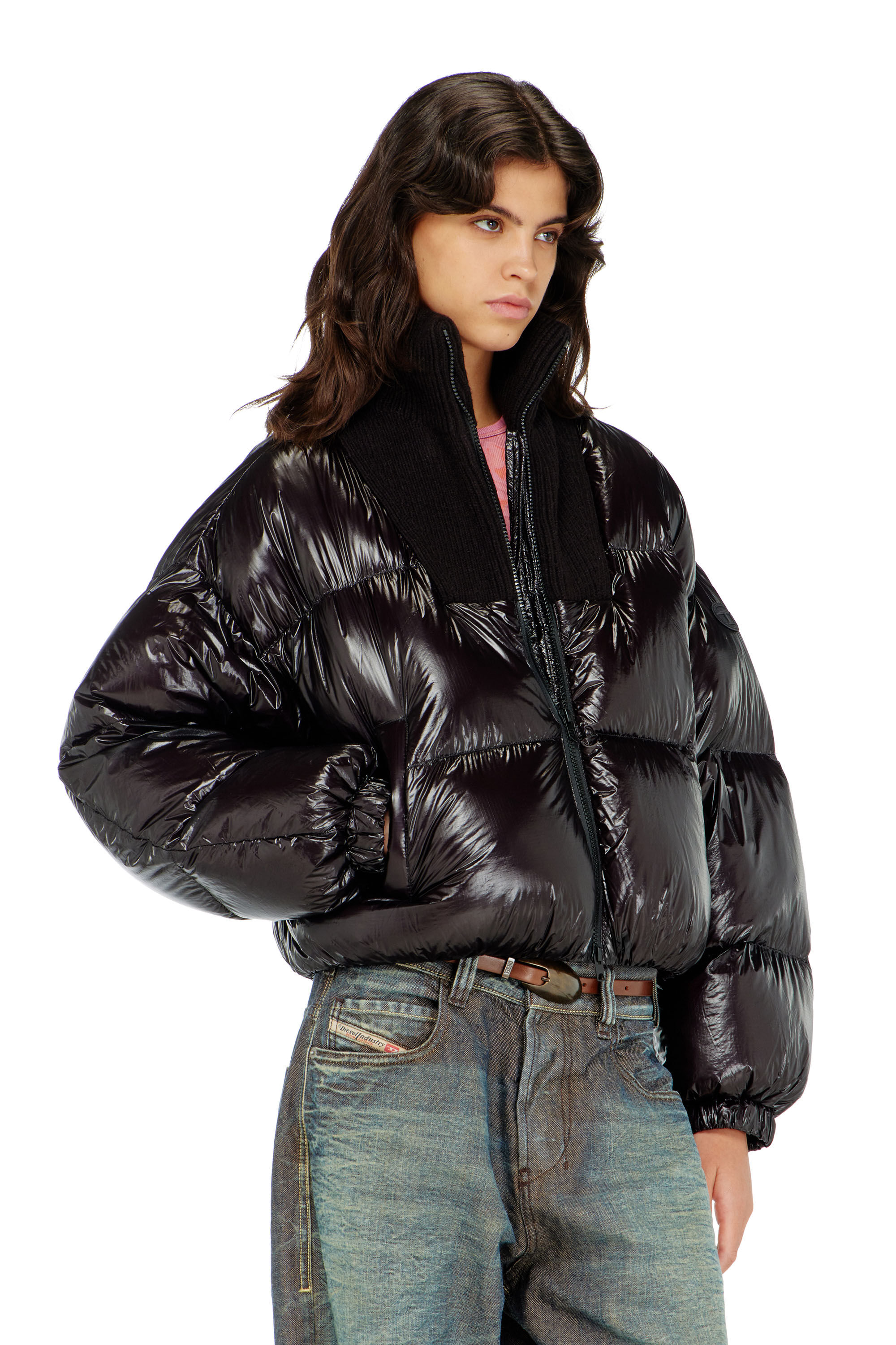 Women's Down puffer jacket in ripstop with knitted collar | Black