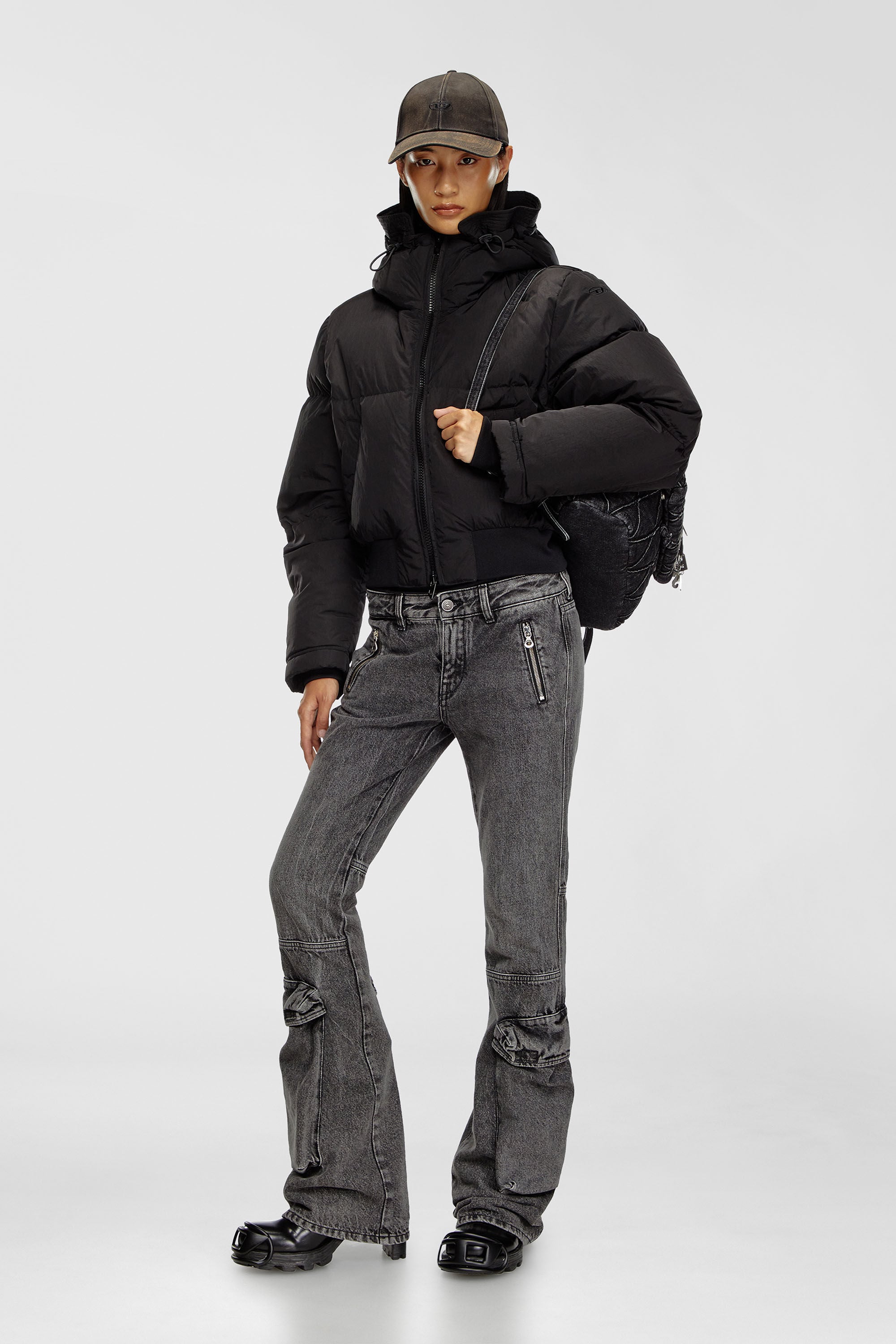 Diesel - W-PEYT-SHORT-NEW-P1, Female's Hooded down jacket in crinkled nylon in Black - 1
