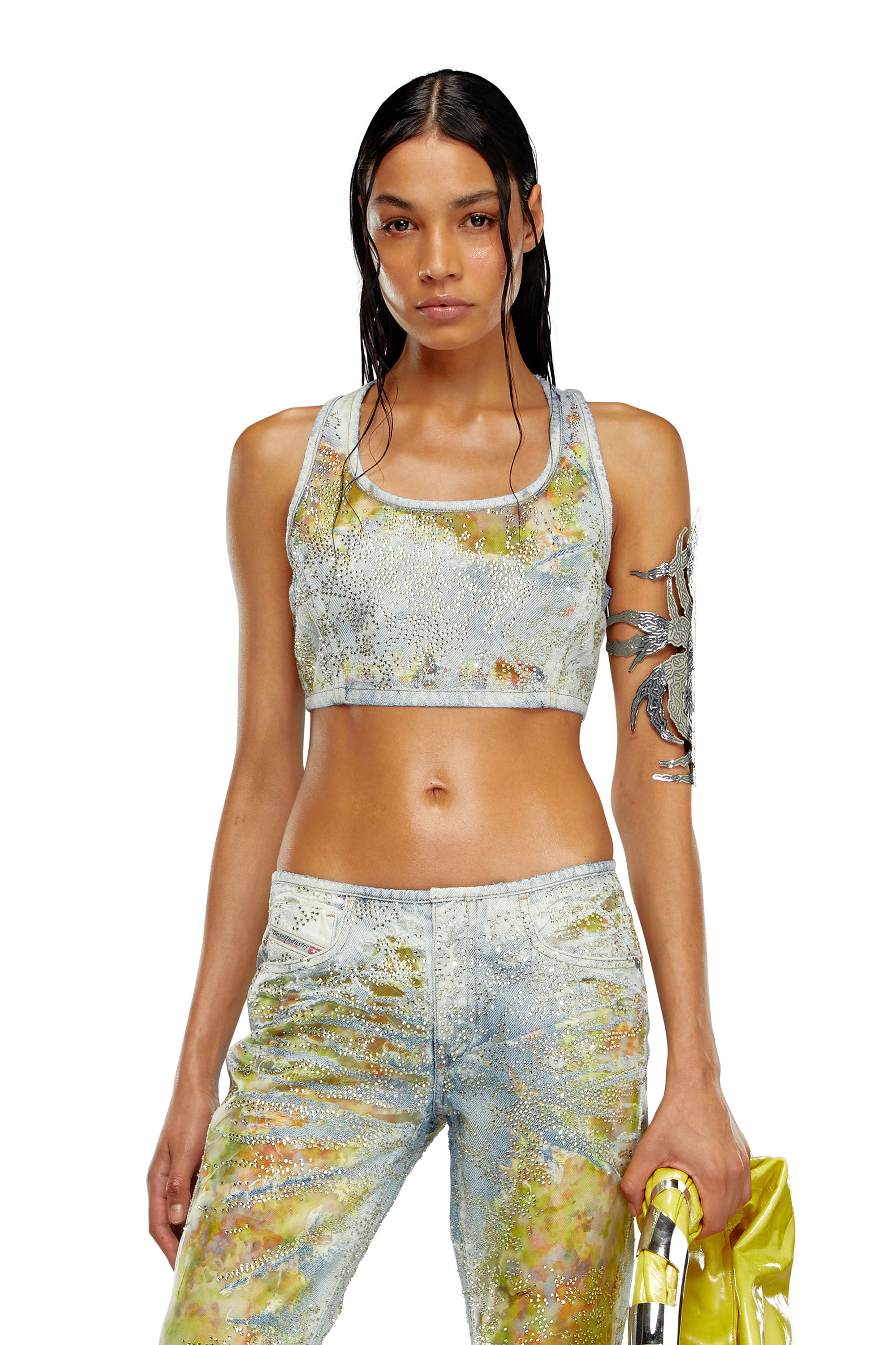 Diesel - DE-DETOP-FSE, Female's Cropped top in flower devoré denim in Light Blue - 3