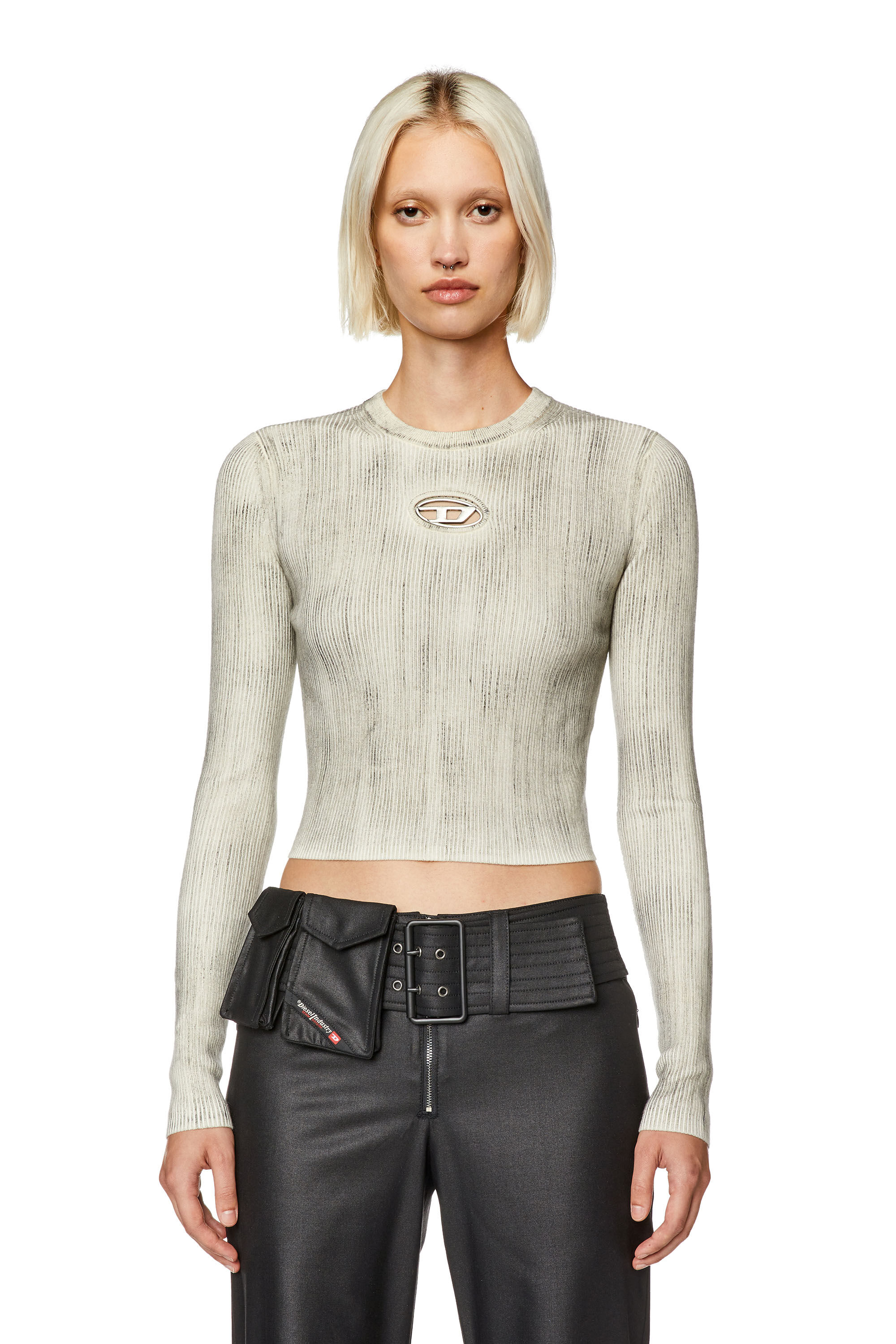 Diesel - M-ZOEY-C, Woman's Ribbed crew-neck with oval D plaque in Light Grey - 5
