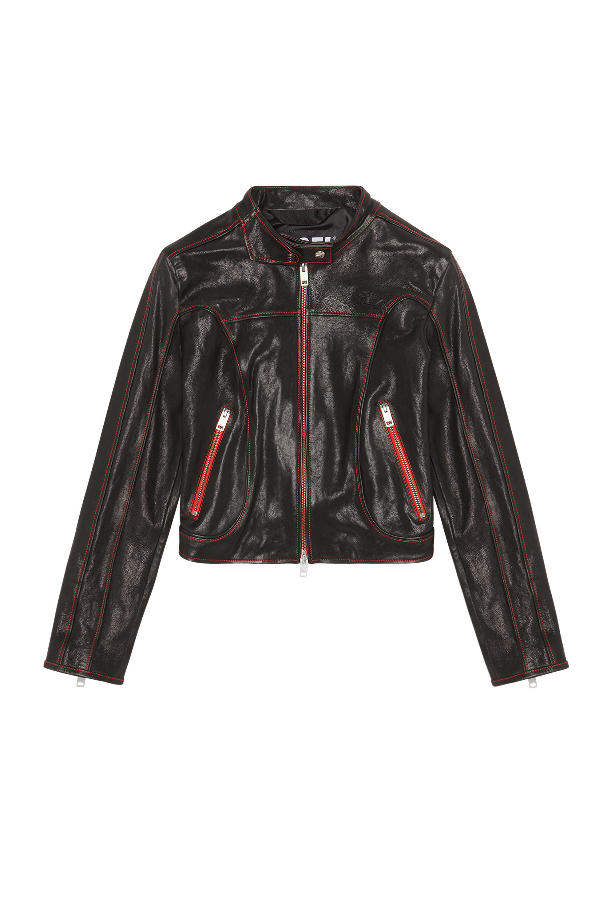 Diesel - L-FOX-A, Female's Leather biker jacket with contrast details in Black - 2