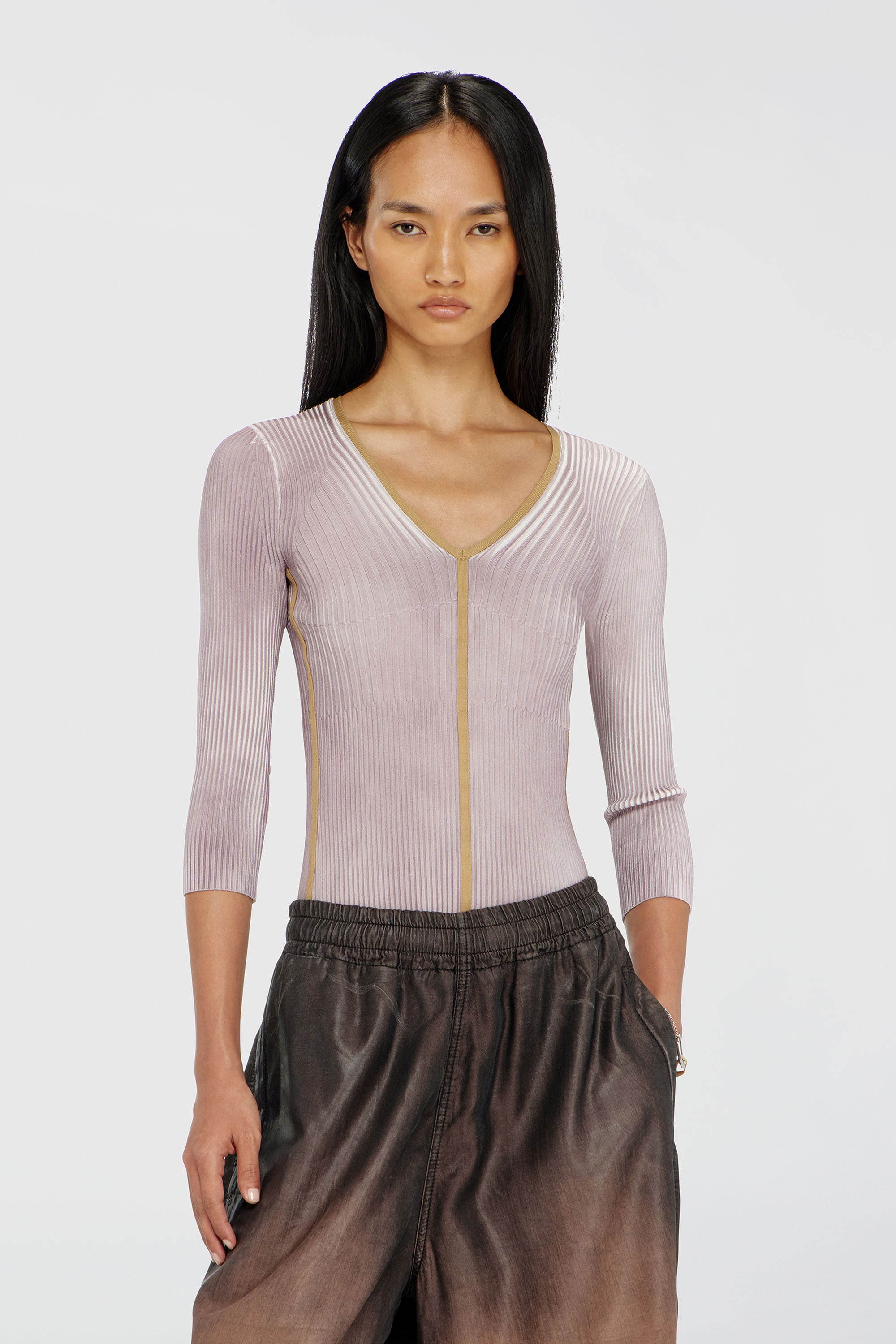 Diesel - M-SARMANI, Woman's Ribbed V-neck jumper with contrast bands in Lilac - 3