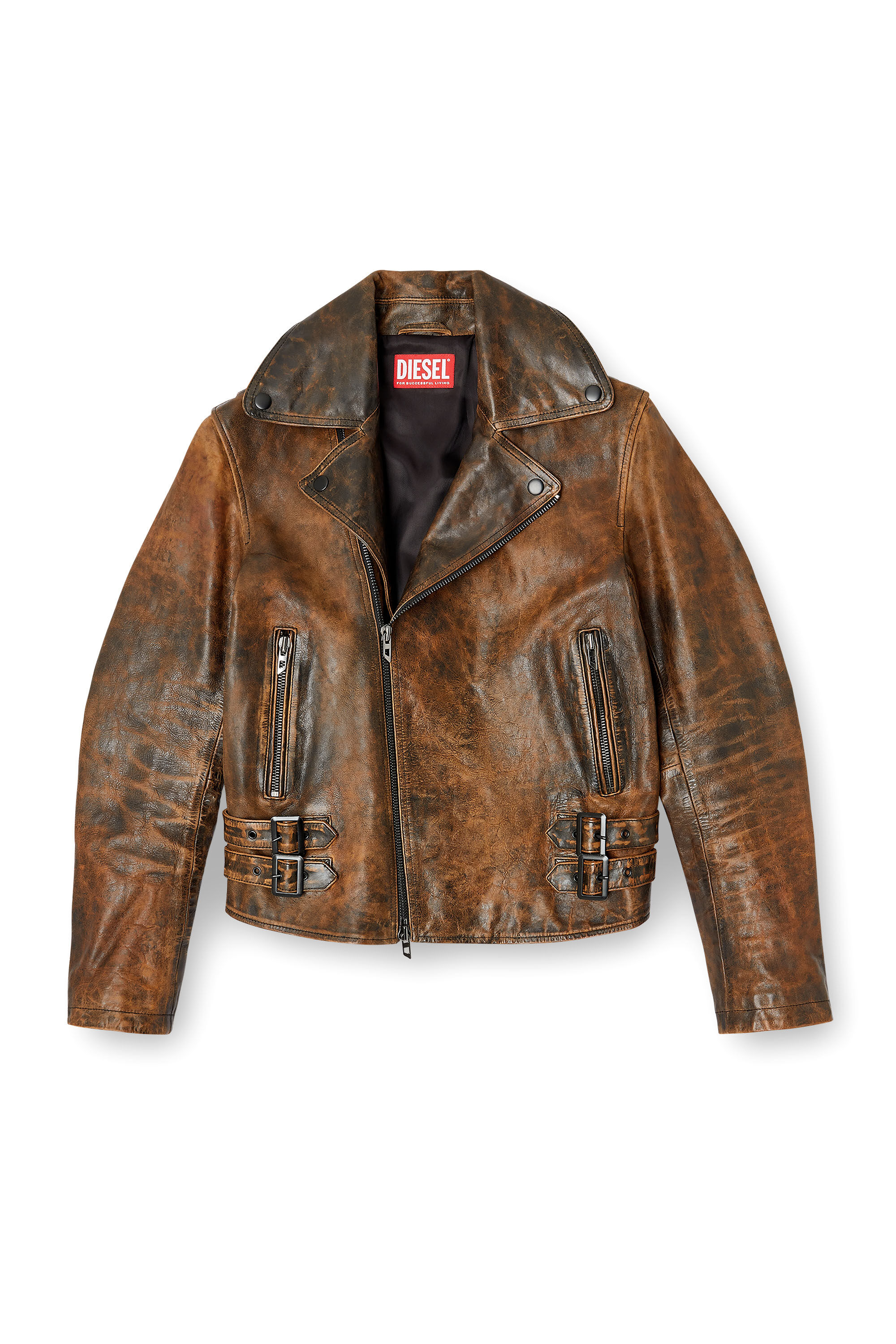 Diesel - L-EON, Male's Biker jacket in treated leather in Brown - 2