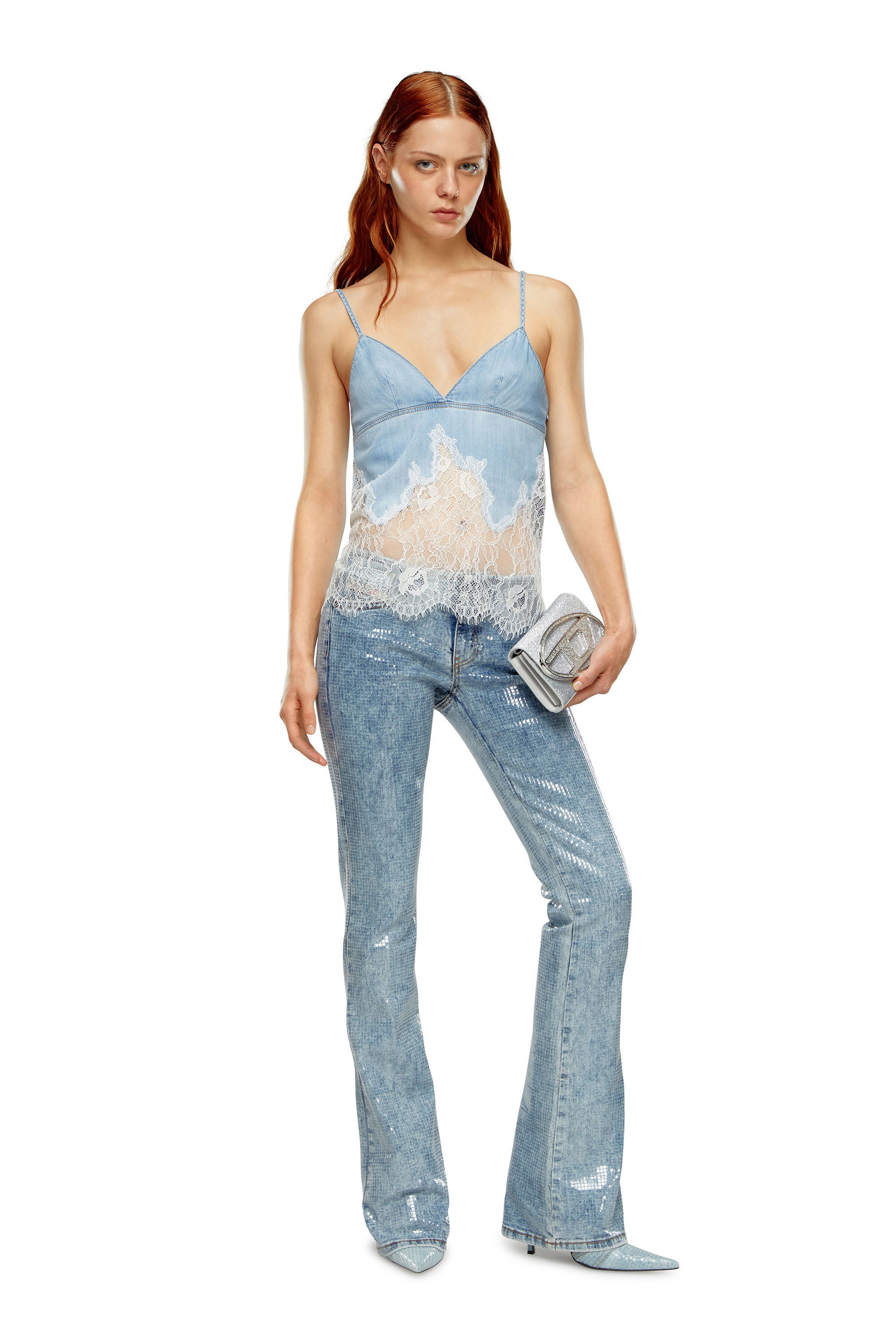 Diesel - DE-MONY-S, Female's Strappy top in denim and lace in Light Blue - 1