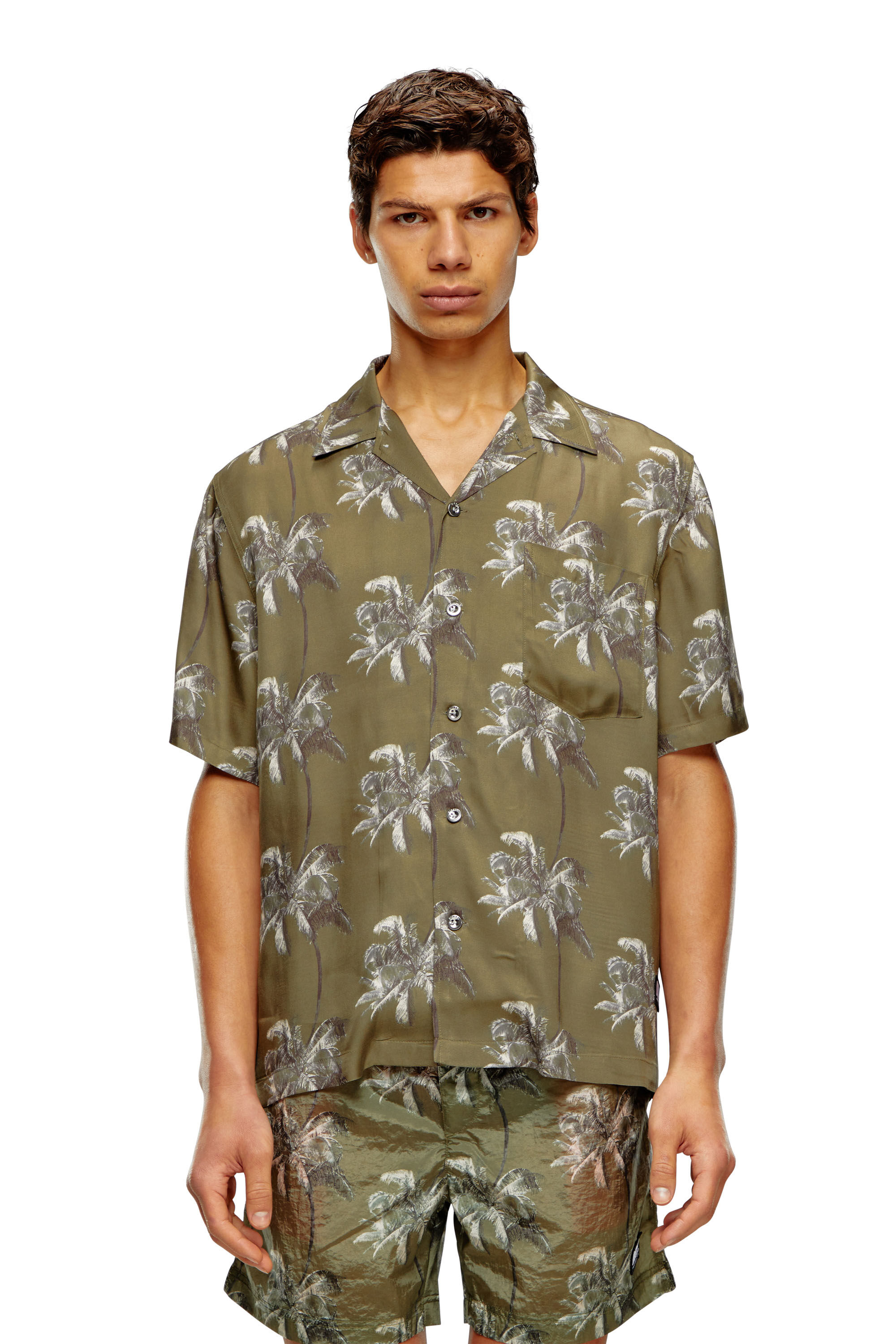 Diesel - BMOWT-ADRIAN, Chemise de plage avec imprimé palmier Homme in Marron - 5