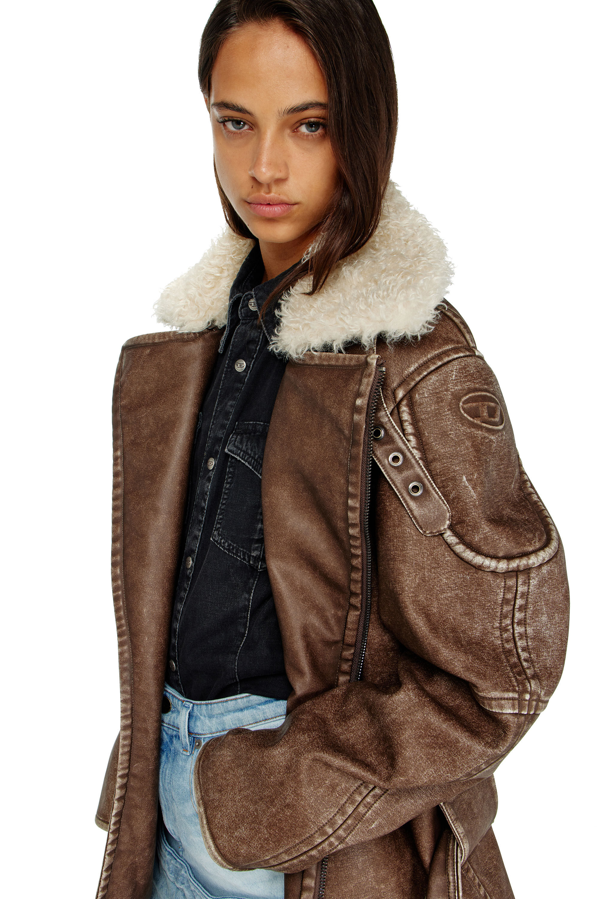 Diesel - G-EYSER, Female's Double-breasted aviator-biker coat in Brown - 4