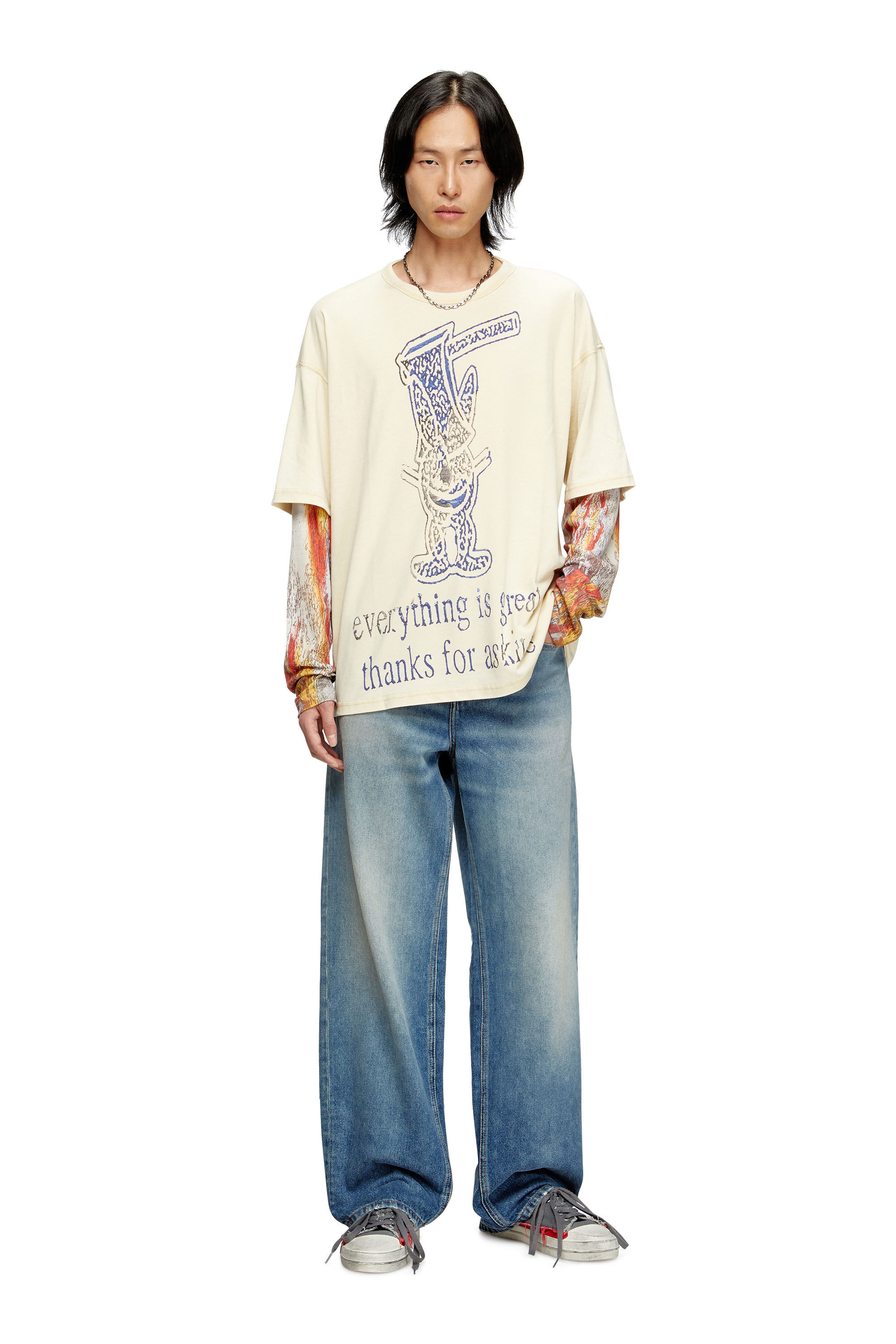 ひろゆきDIESEL 立体波状デザイン長袖カットソー Men's Long-sleeve T-shirt with layered effect | Beige | Diesel