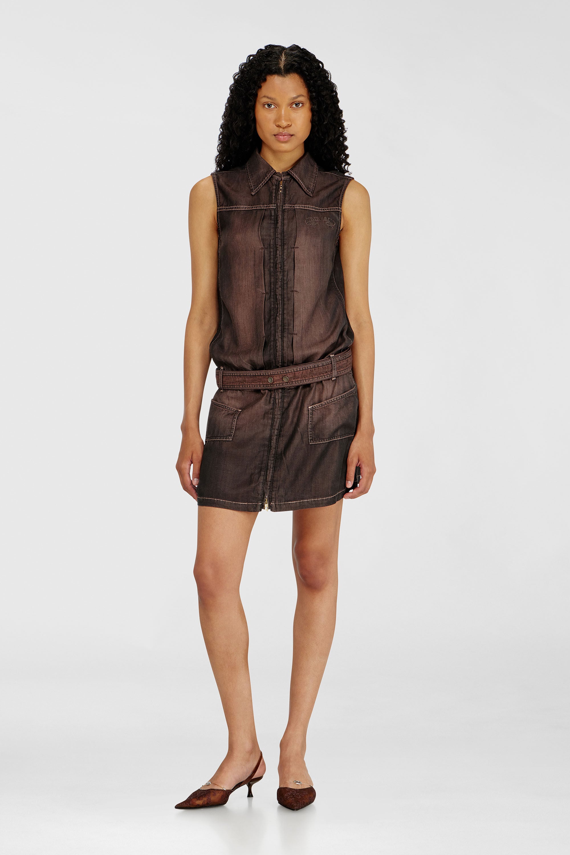 Diesel - DE-EDROS-S, Minivestido de denim fluido revestido Mujer in Marr&oacute;n - 3