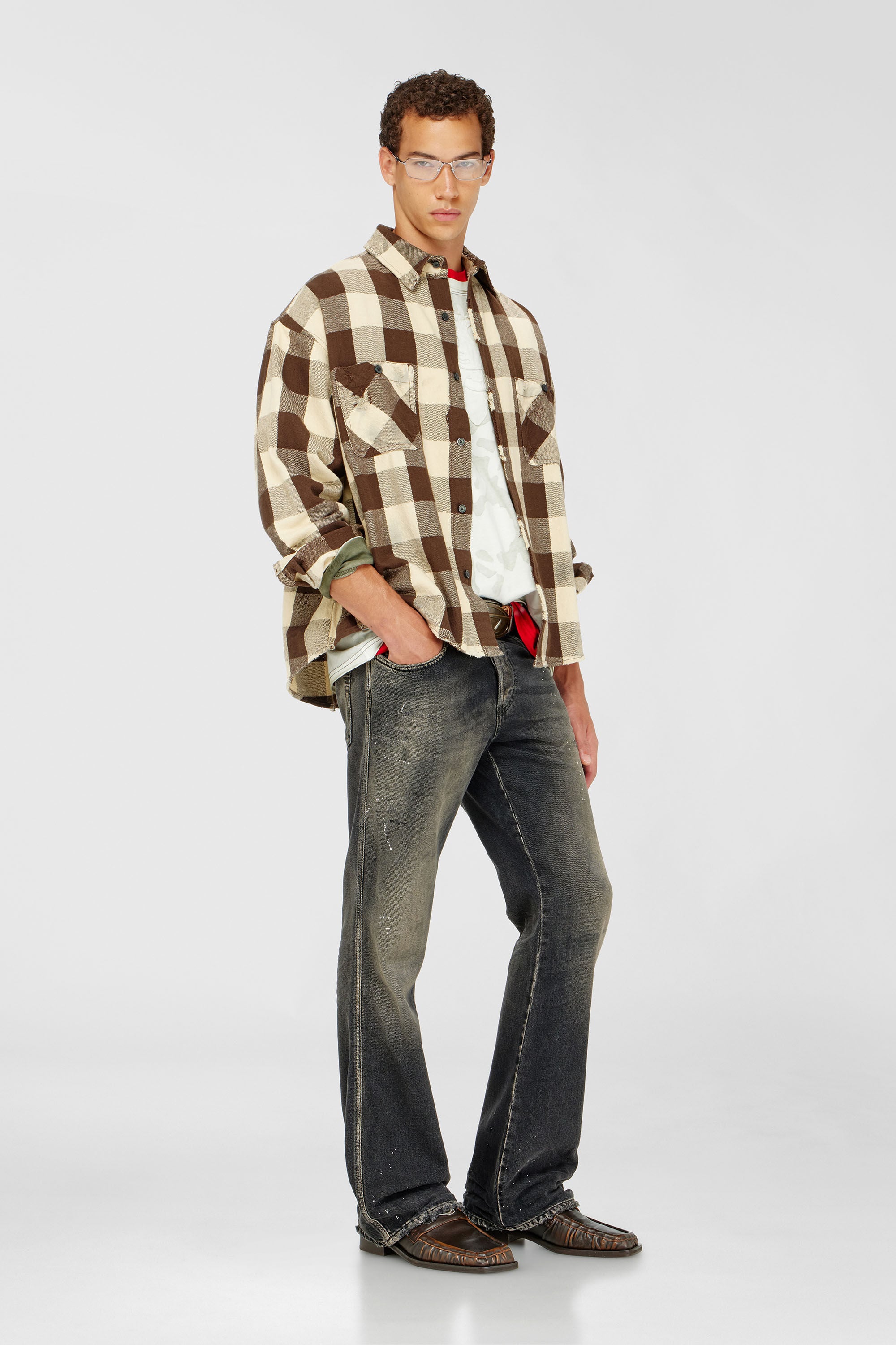 Diesel - S-DRUM, Male's Check flannel shirt with distressed effect in Beige/Brown - 1