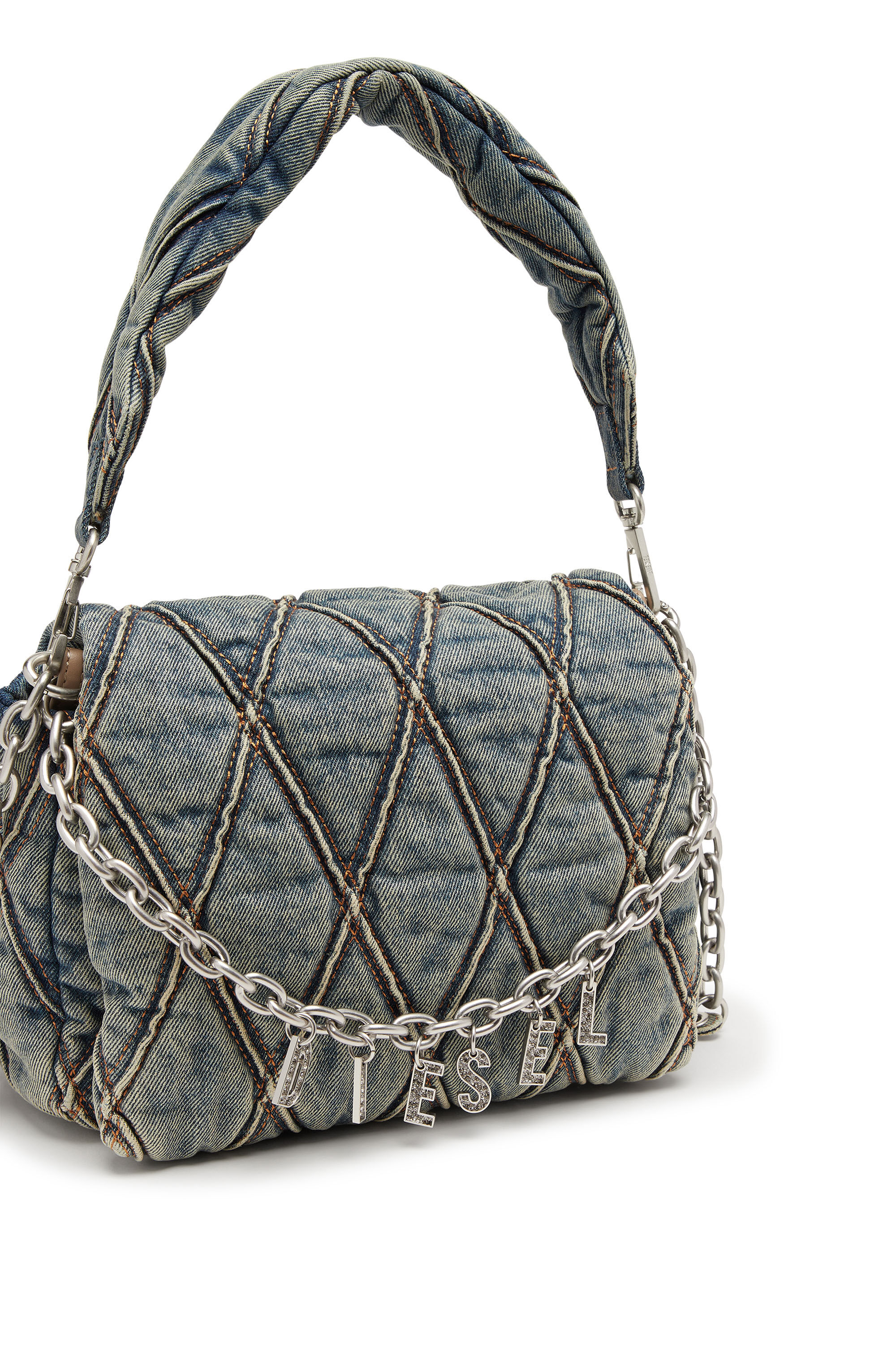 Diesel - CHARM-D SHOULDER M, Female's Charm-D M-Handbag in quilted denim in Medium Blue - 5