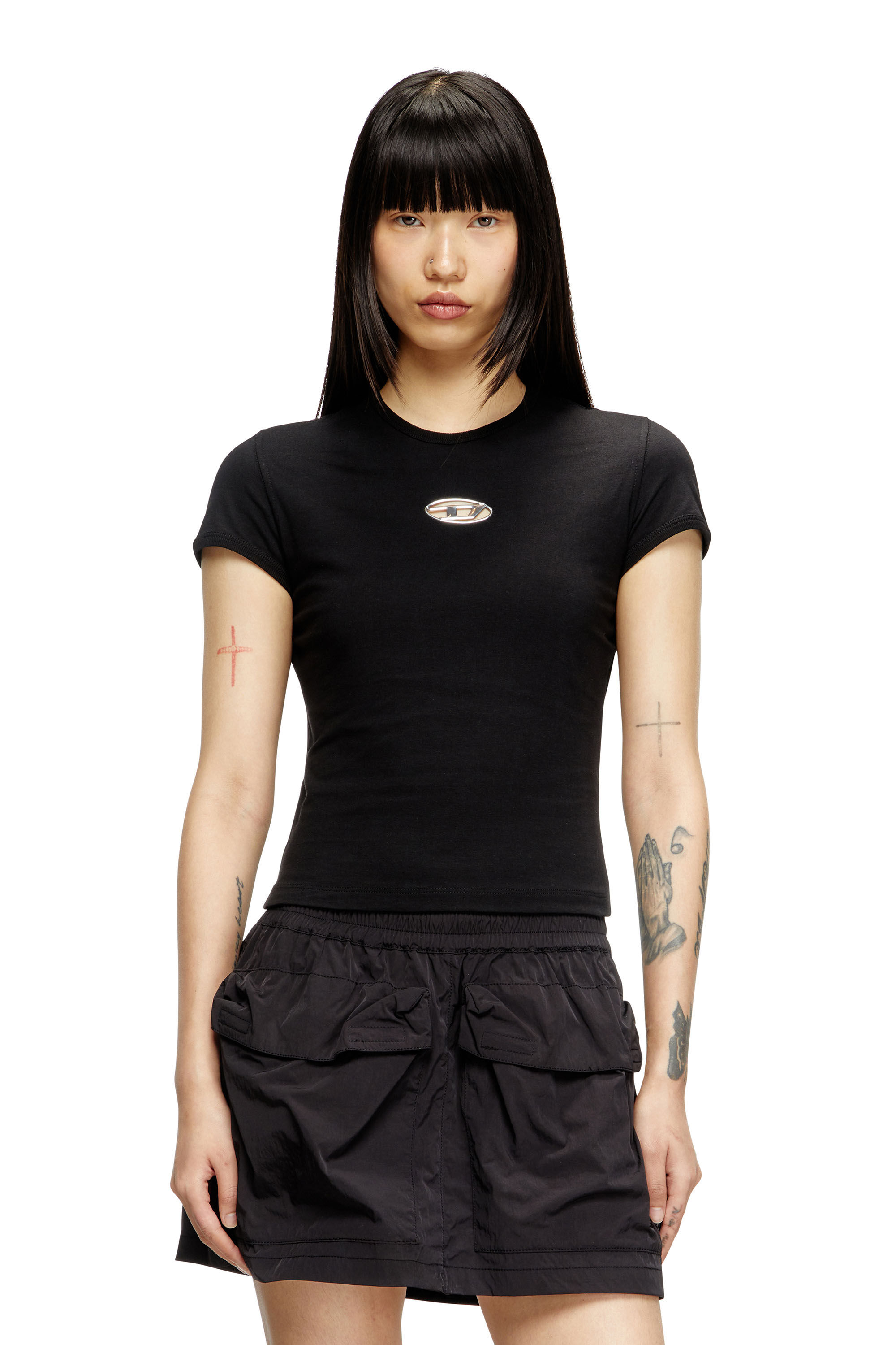 Women's Slim fit T-shirt with cut-out Oval D | Black | Diesel
