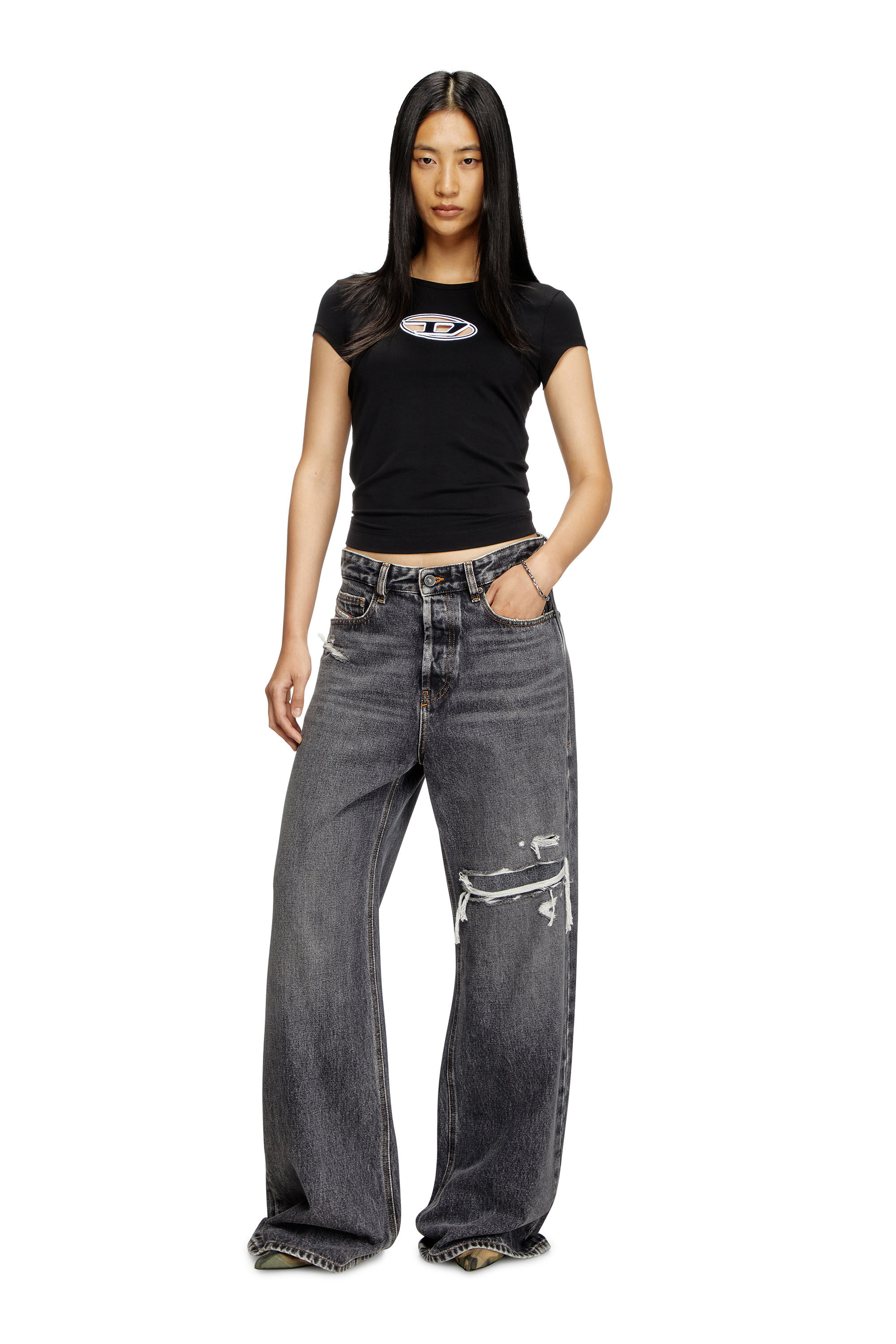 Diesel - T-ANGIE, Female's T-shirt with peekaboo logo in Black/White - 1