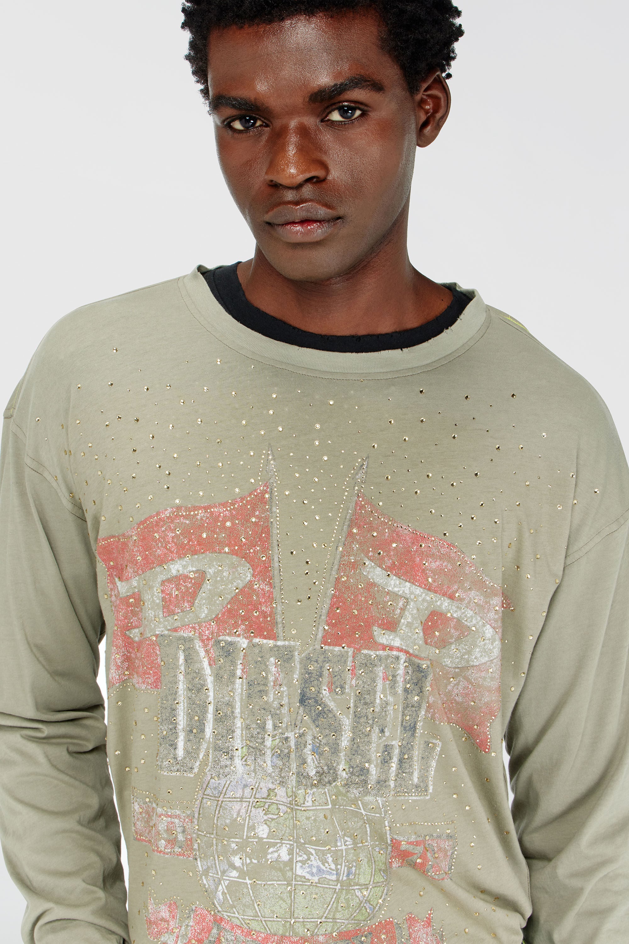 Diesel - T-GERI-LS-A, Man's Long-sleeve T-shirt with concert graphics and crystals in Olive Green - 4