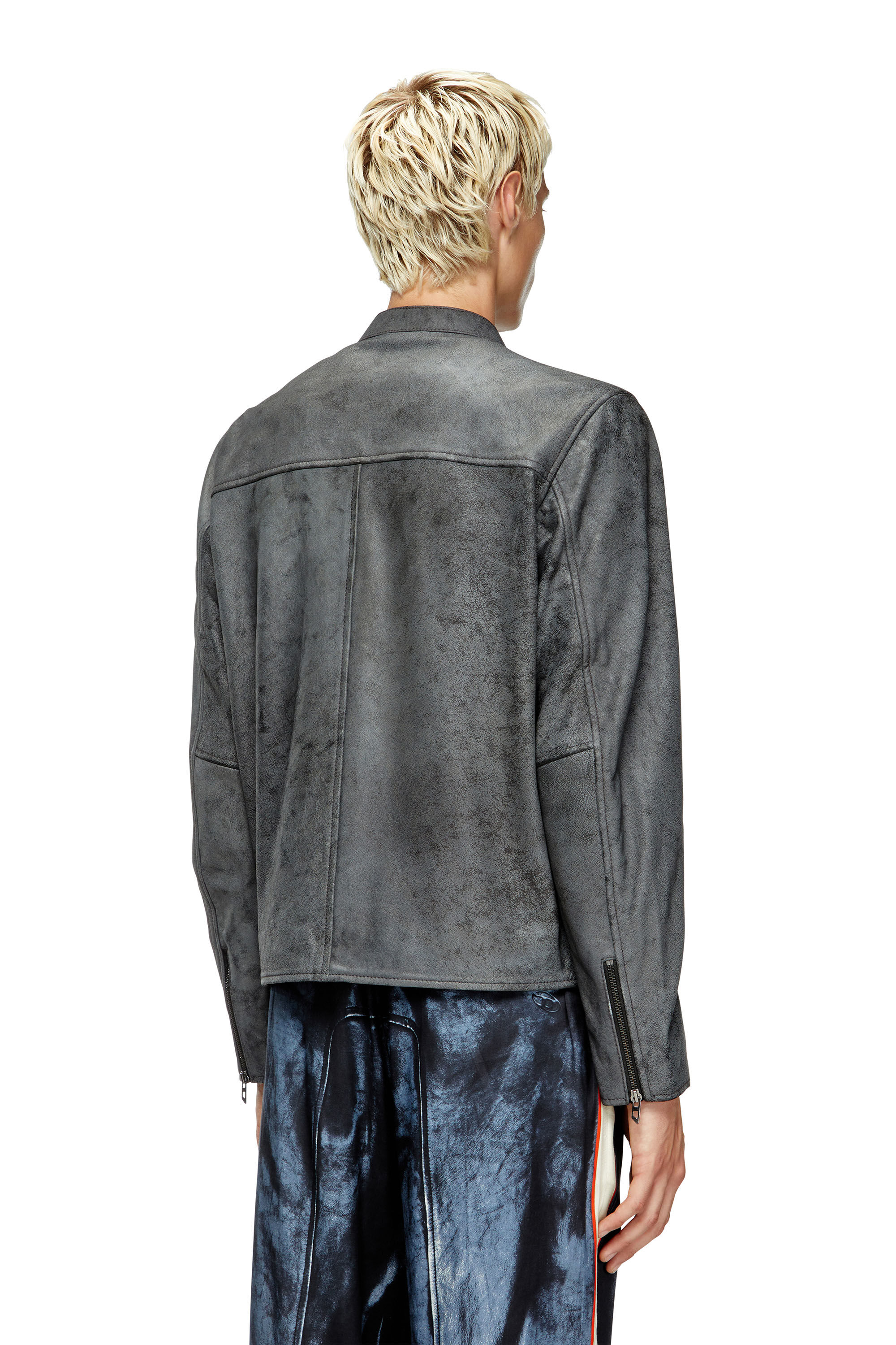 Men's Treated leather biker jacket with faded logo | Grey | Diesel