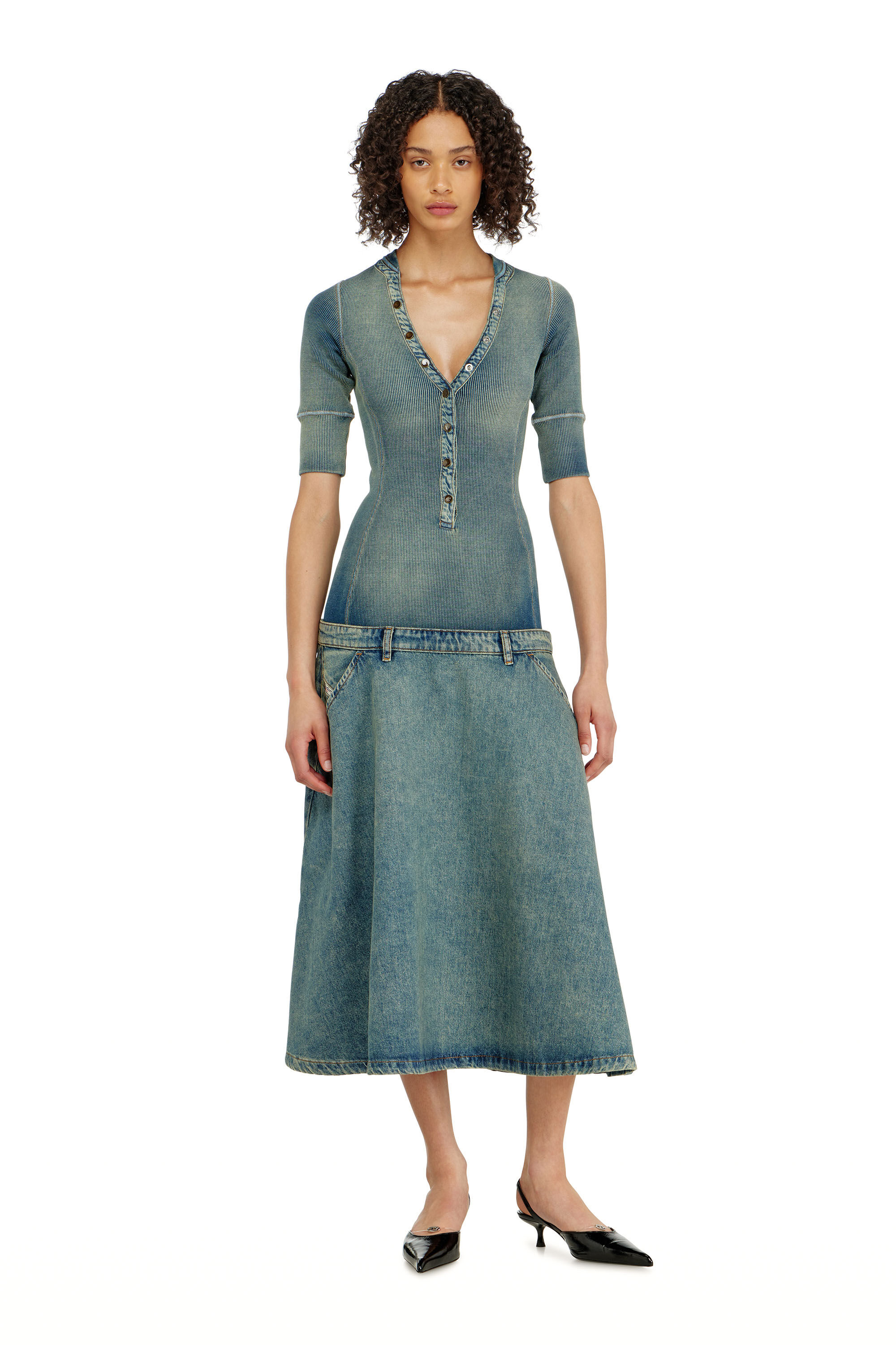 Diesel - DE-ANIM-S, Female's Drop-waist midi dress in knit and denim in null - 3