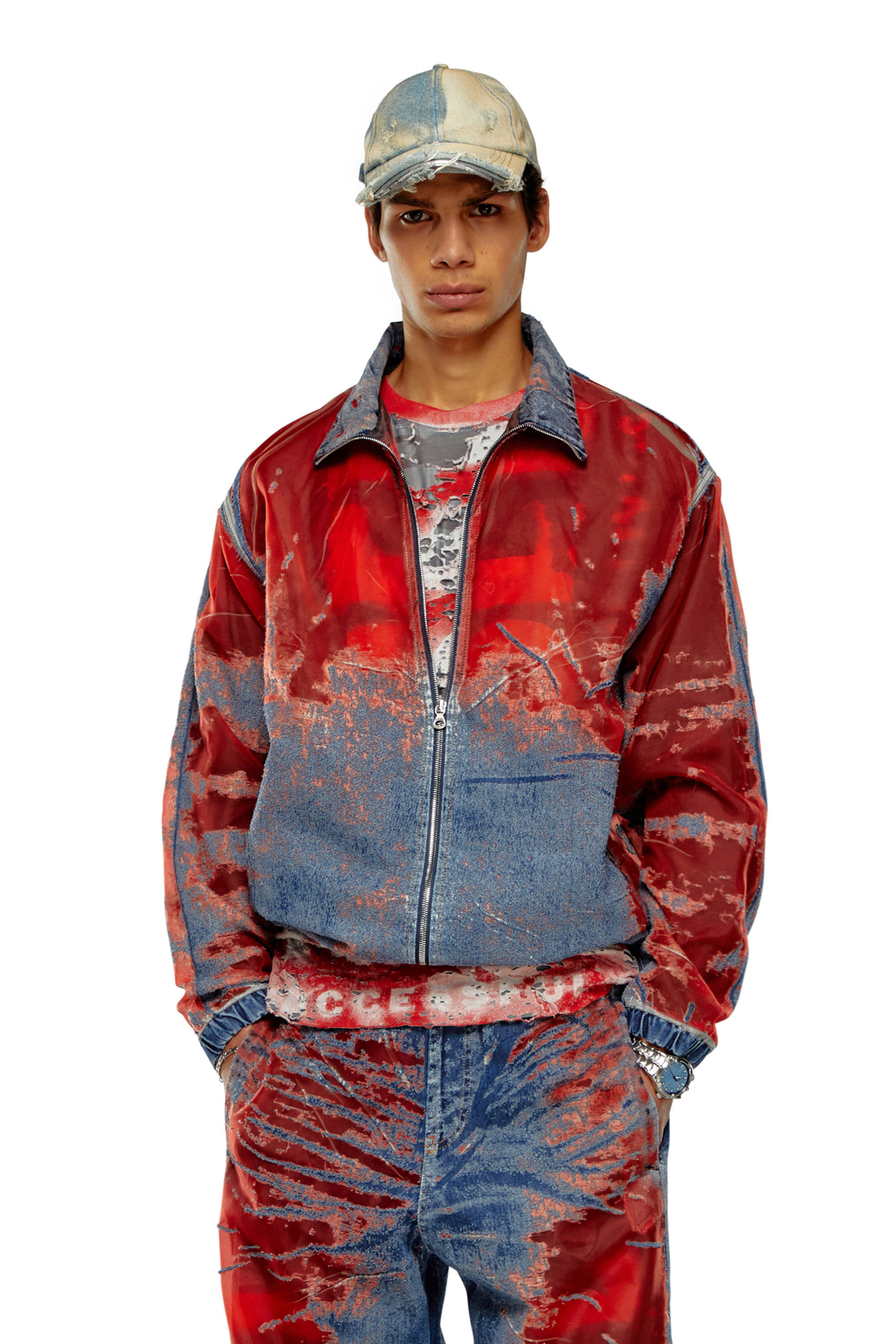 Diesel - D-KRAP-FSE, Male's Jacket in devoré denim with logo in Blue/Red - 3