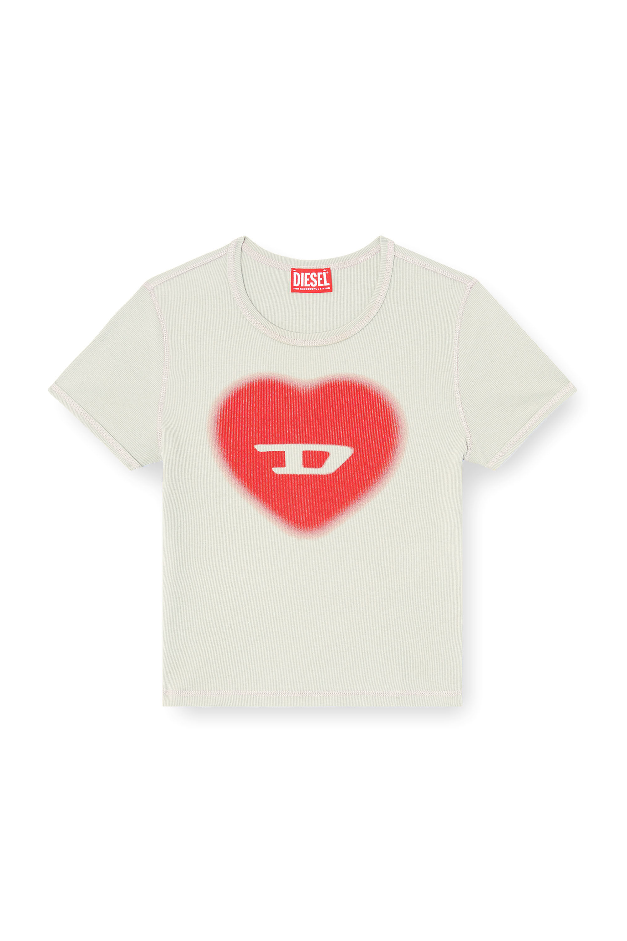 Diesel - T-ELE, Woman's Ribbed T-shirt with watercolour heart D in Light Grey - 2