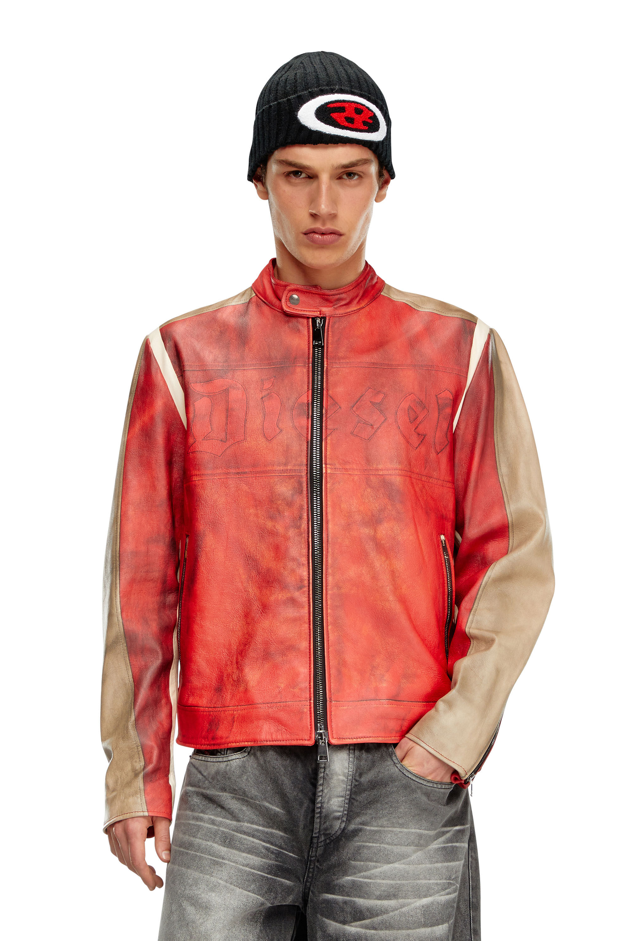 ジャケット・アウター DIESEL Motorcycle Jacket Men's Dirty-effect leather biker jacket | Red | Diesel