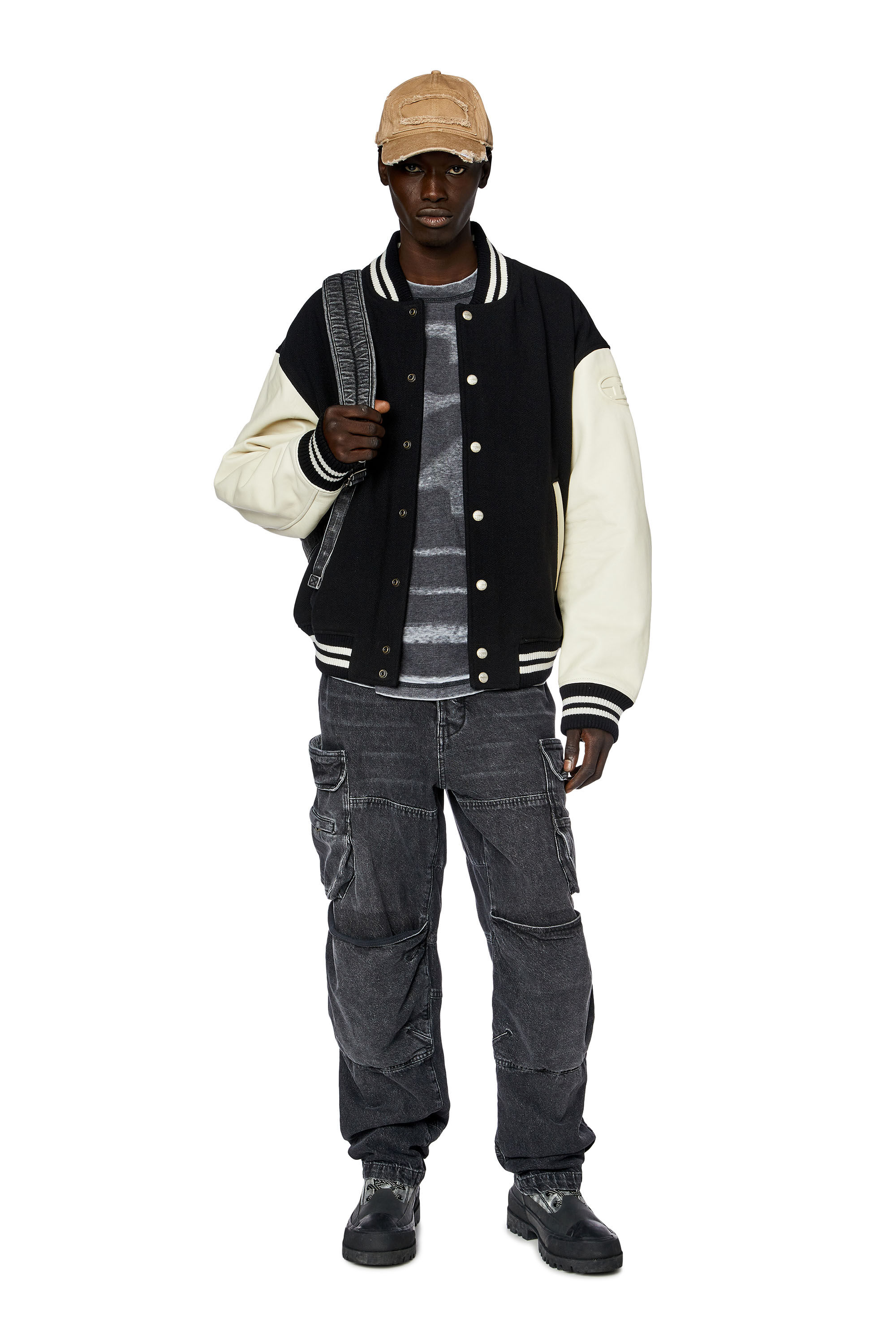 Diesel - L-FRANZ, Bomber en cuir et en laine Homme in Polychrome - 1