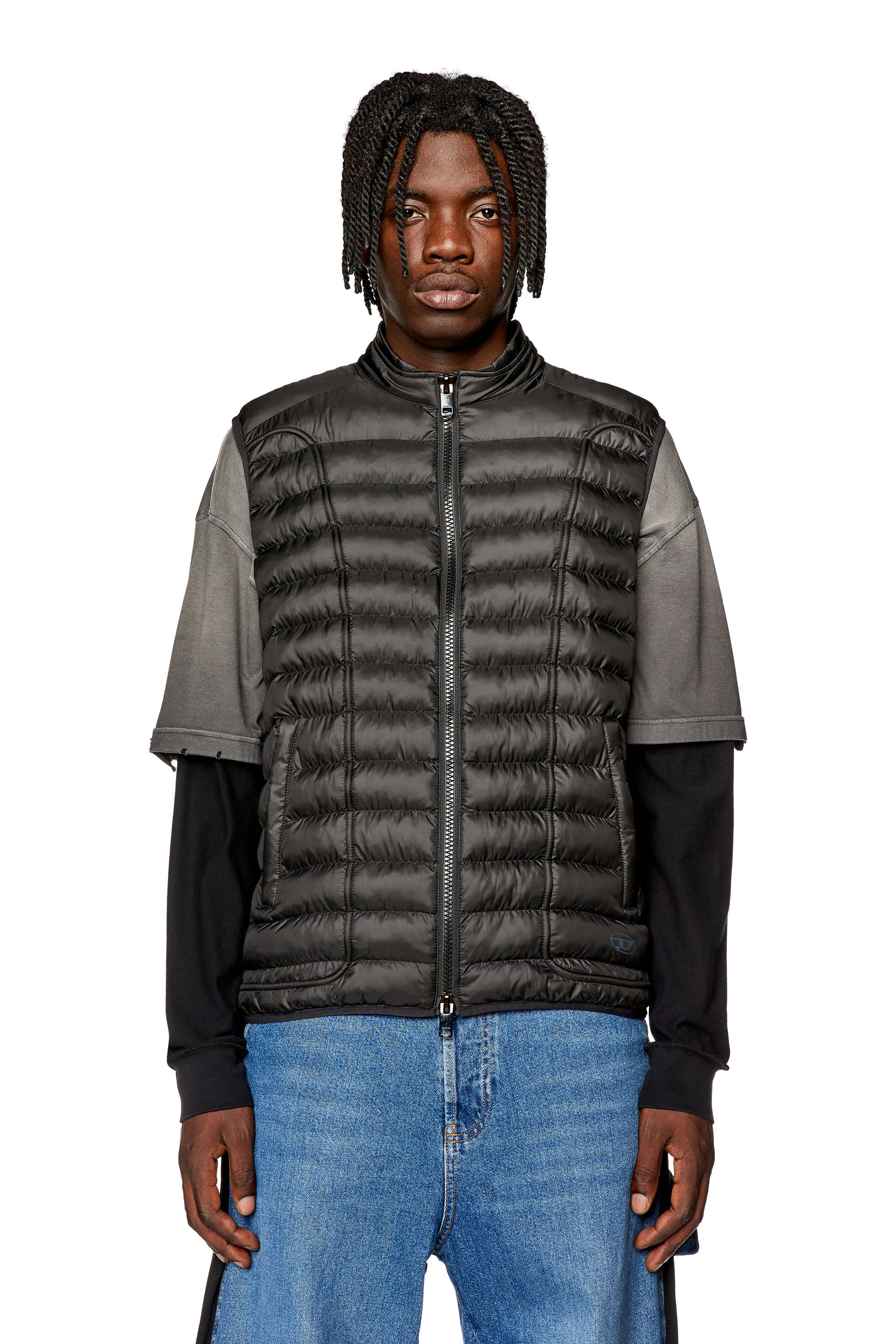 Diesel - W-HAWKYL-SL, Male's Padded nylon vest with piping in Black - 4