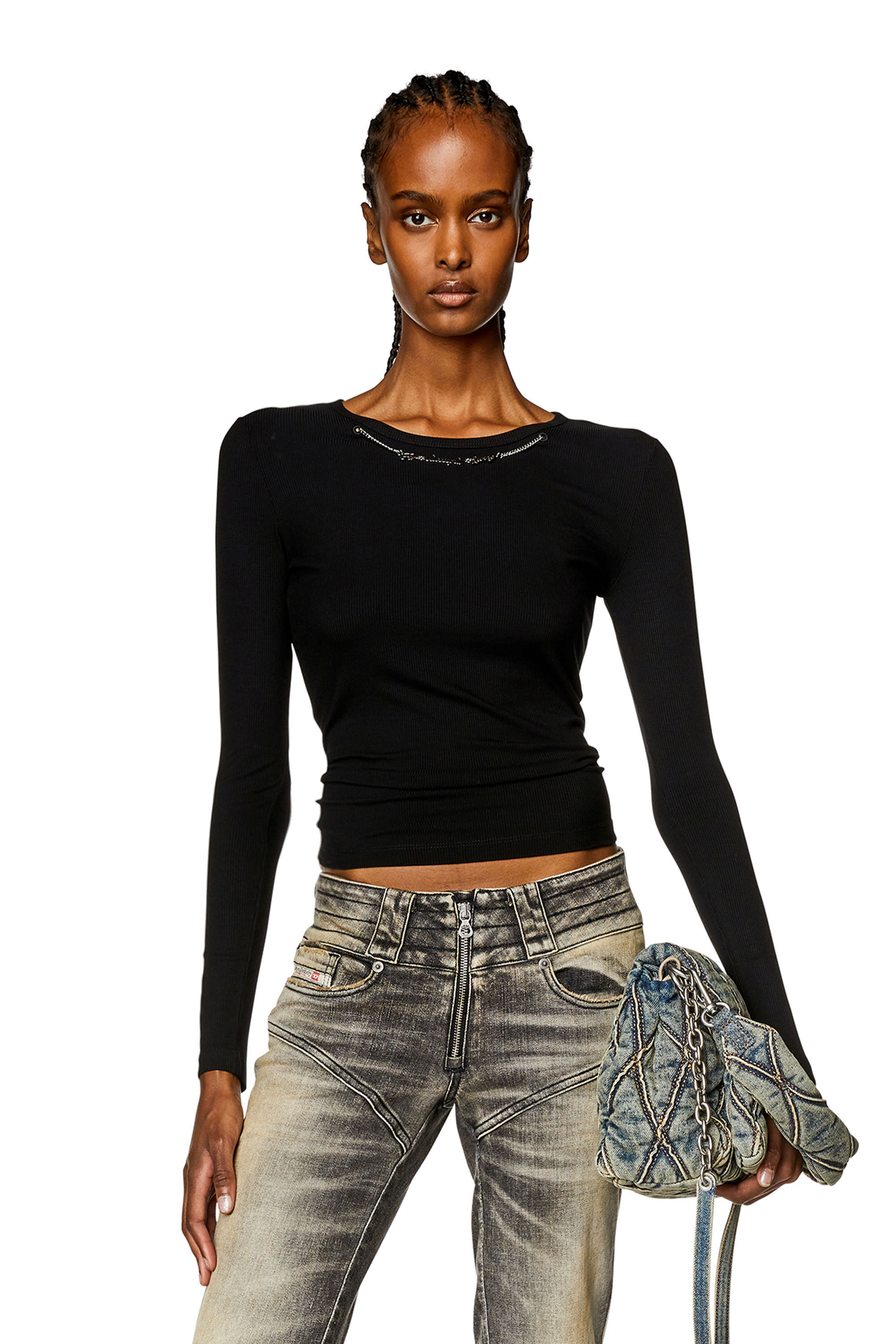 Diesel - T-MATIC-LS, Camiseta de manga larga con escote con cadena Mujer in Negro - 3