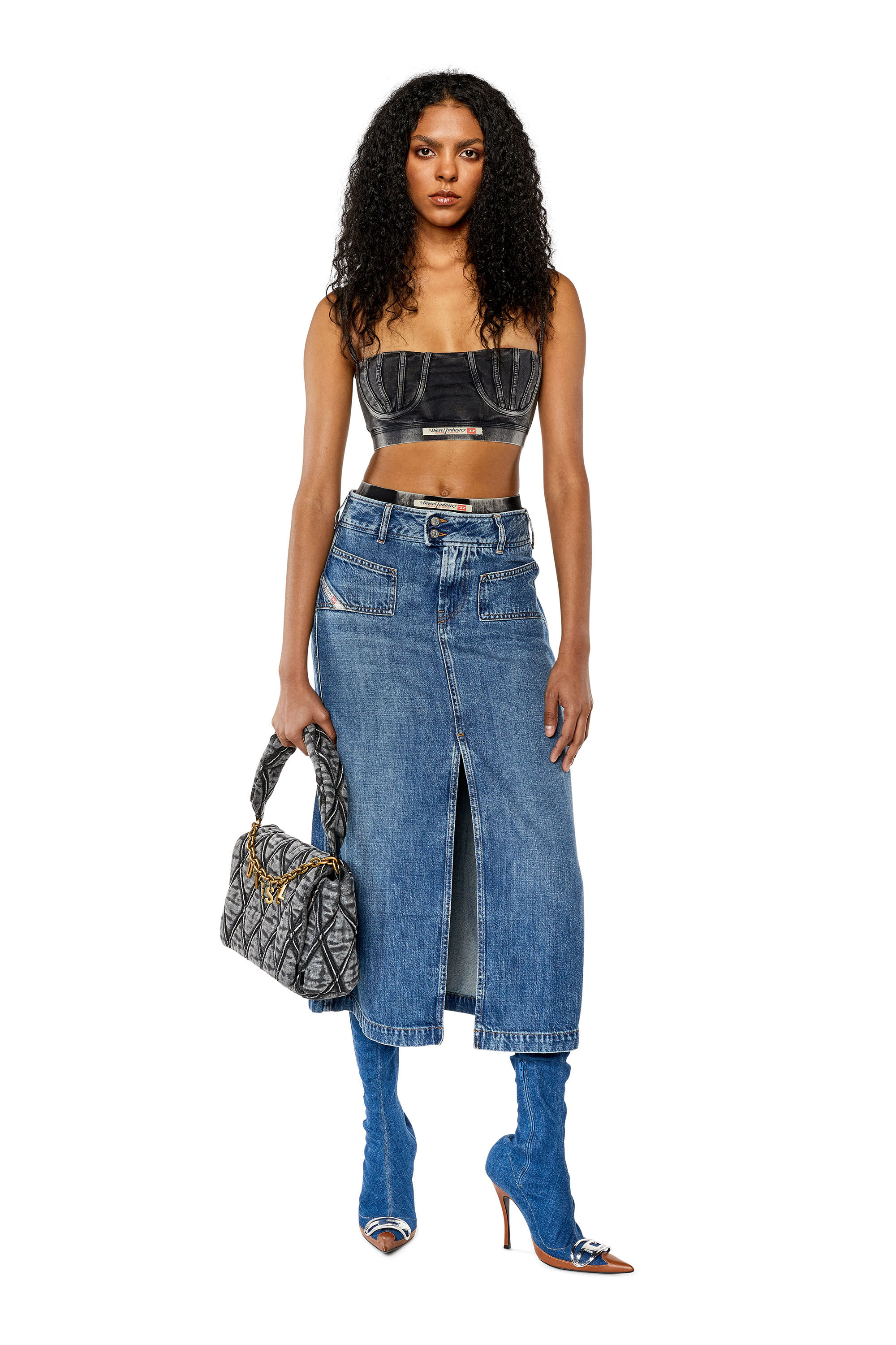 Diesel - DE-YINKA, Female's Denim midi skirt with slit in Medium Blue - 1