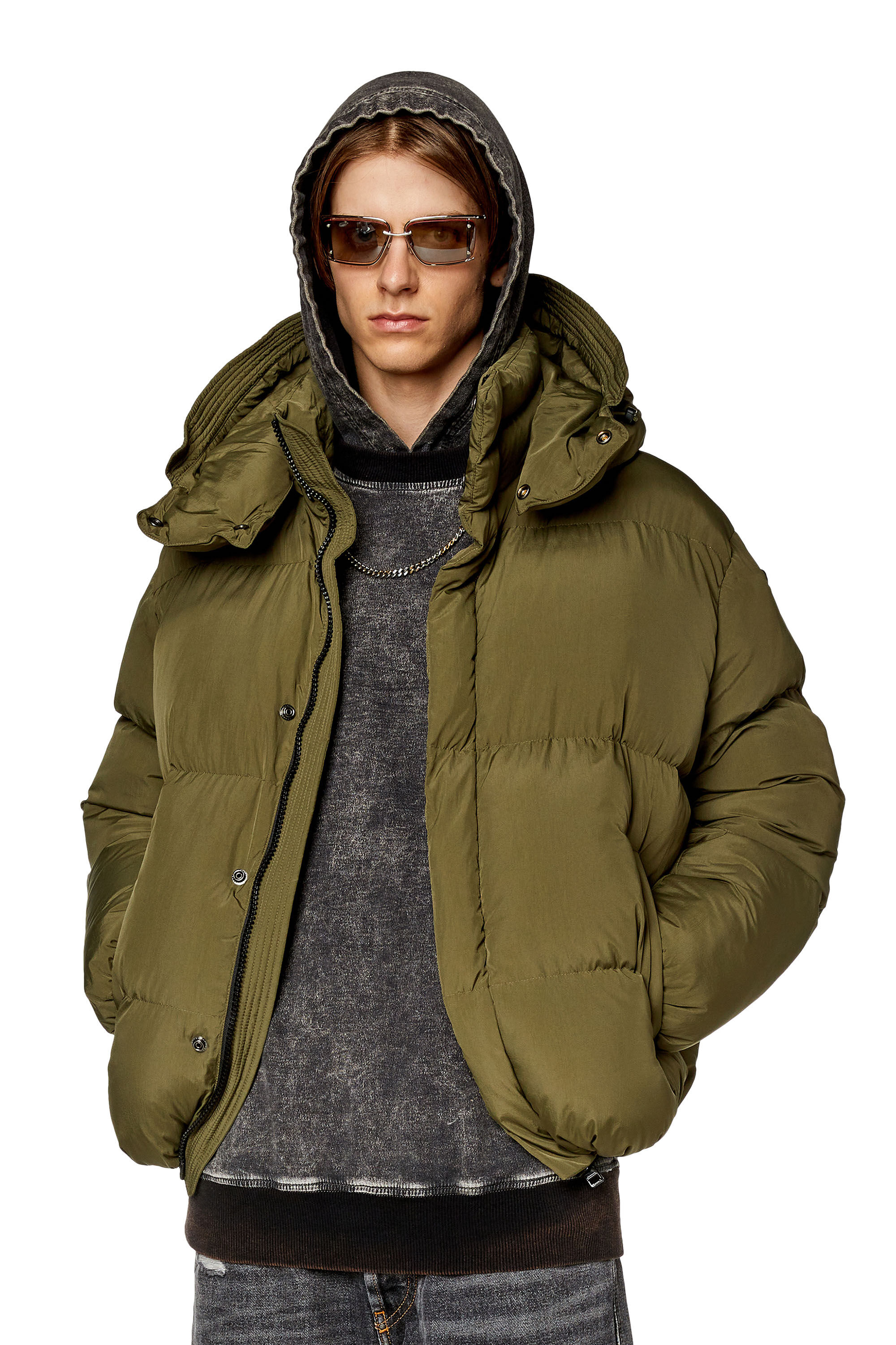 Diesel - W-ROLFYS-FD, Male's Puffer jacket with detachable hood in Military Green - 3