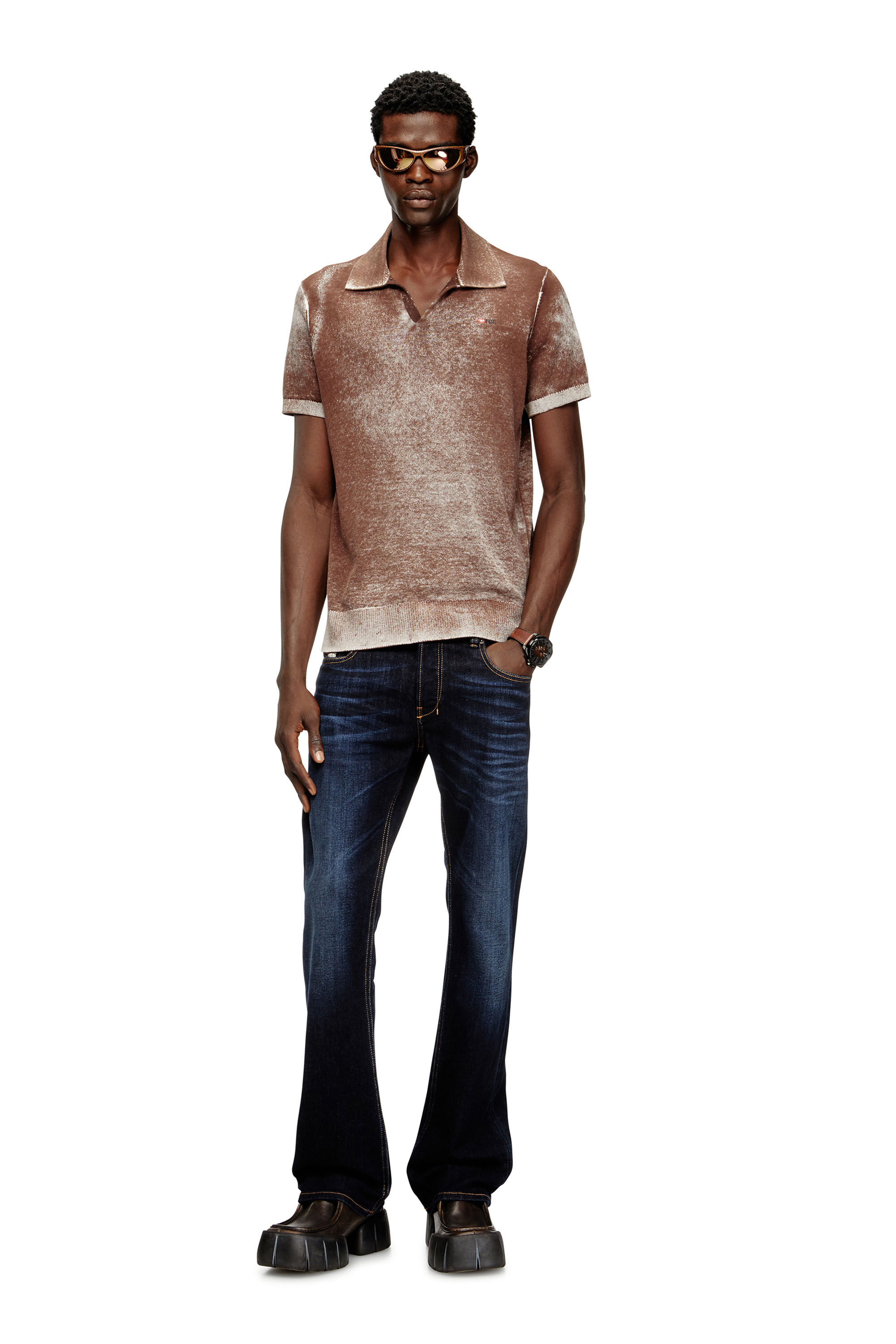 Men's Knit polo shirt with faded reverse print | Brown | Diesel