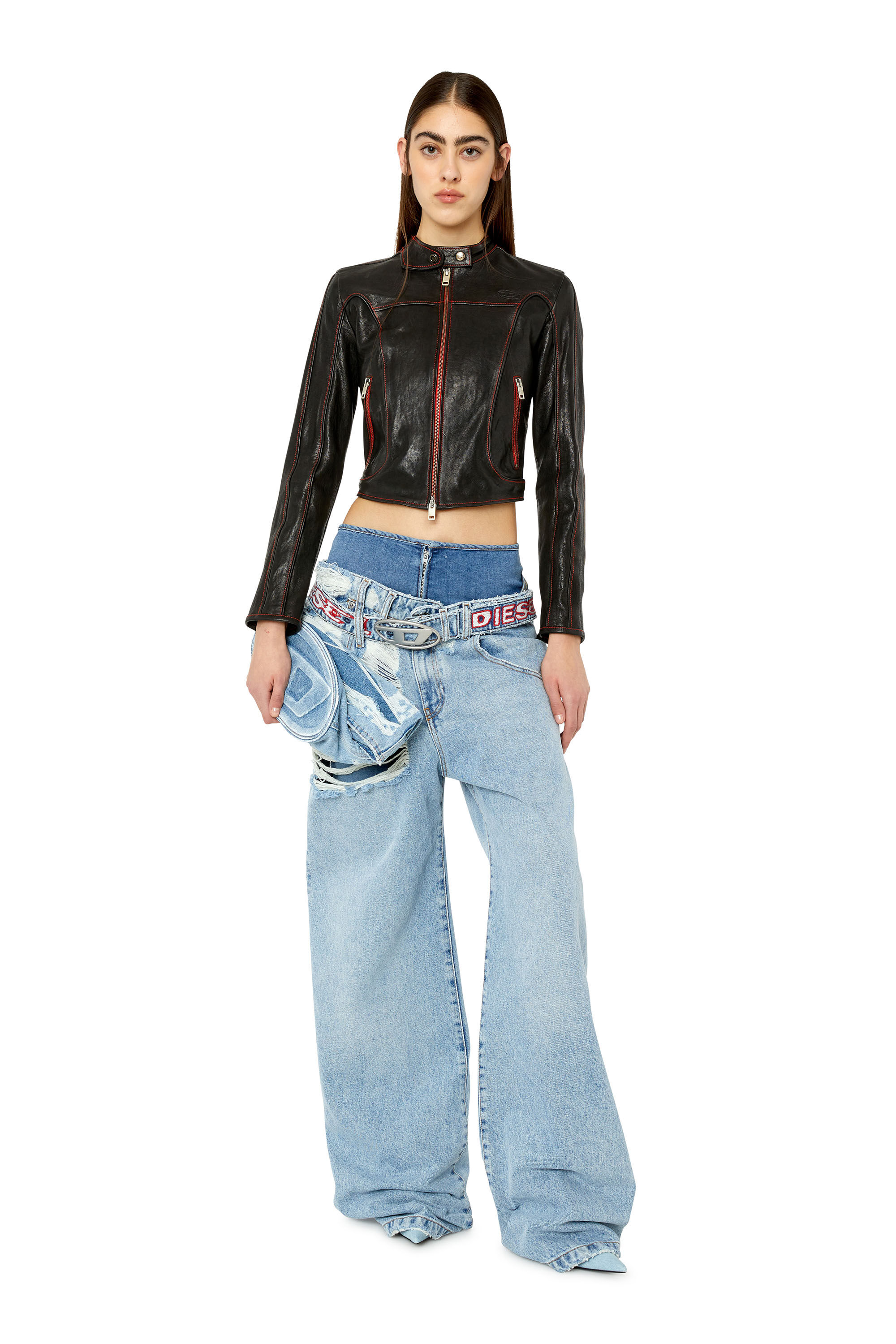 Diesel - L-FOX-A, Female's Leather biker jacket with contrast details in Black - 1