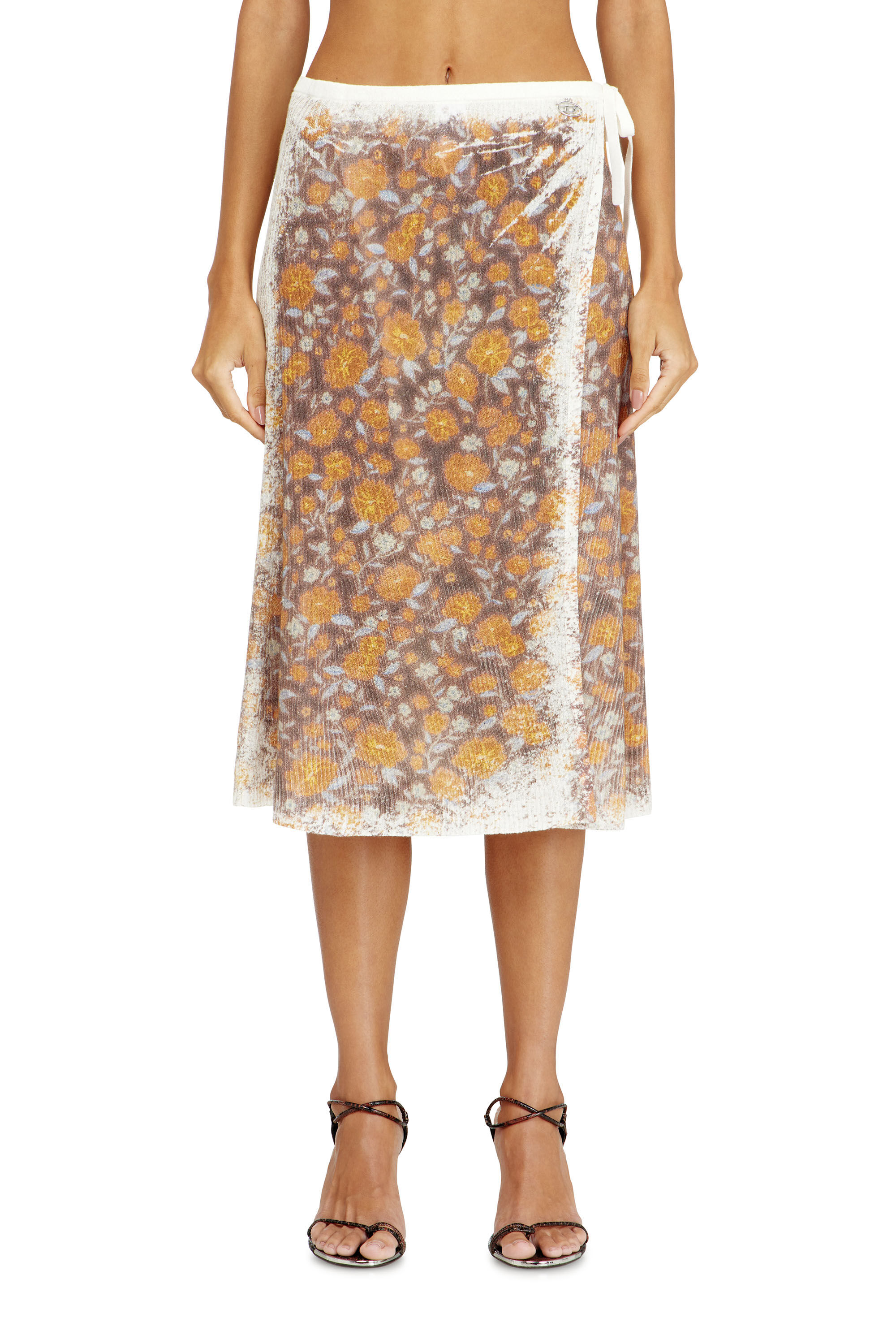 Women's Floral-print midi wrap skirt in linen knit | Brown