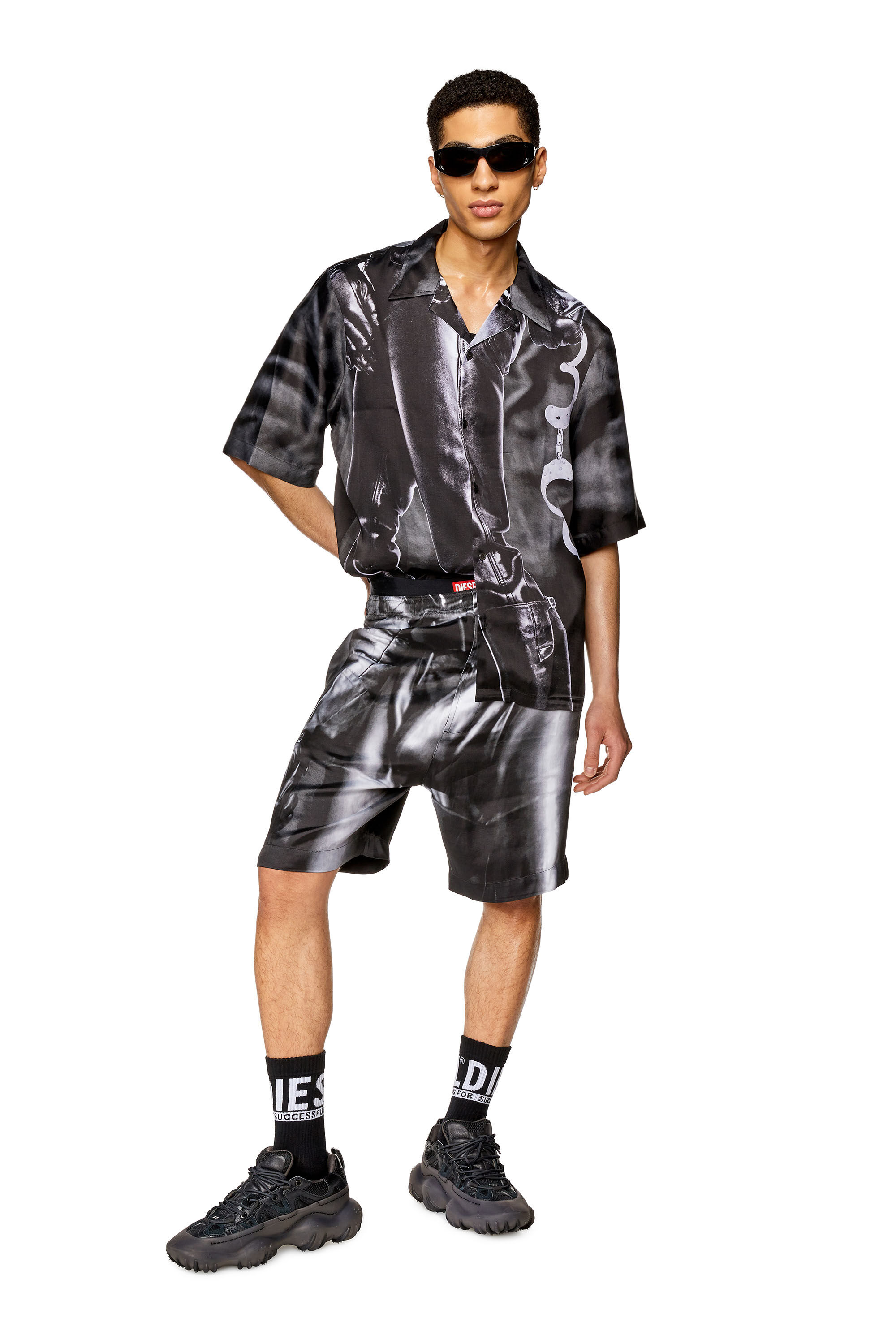 Women's Silk satin shorts with black print | Black | Diesel