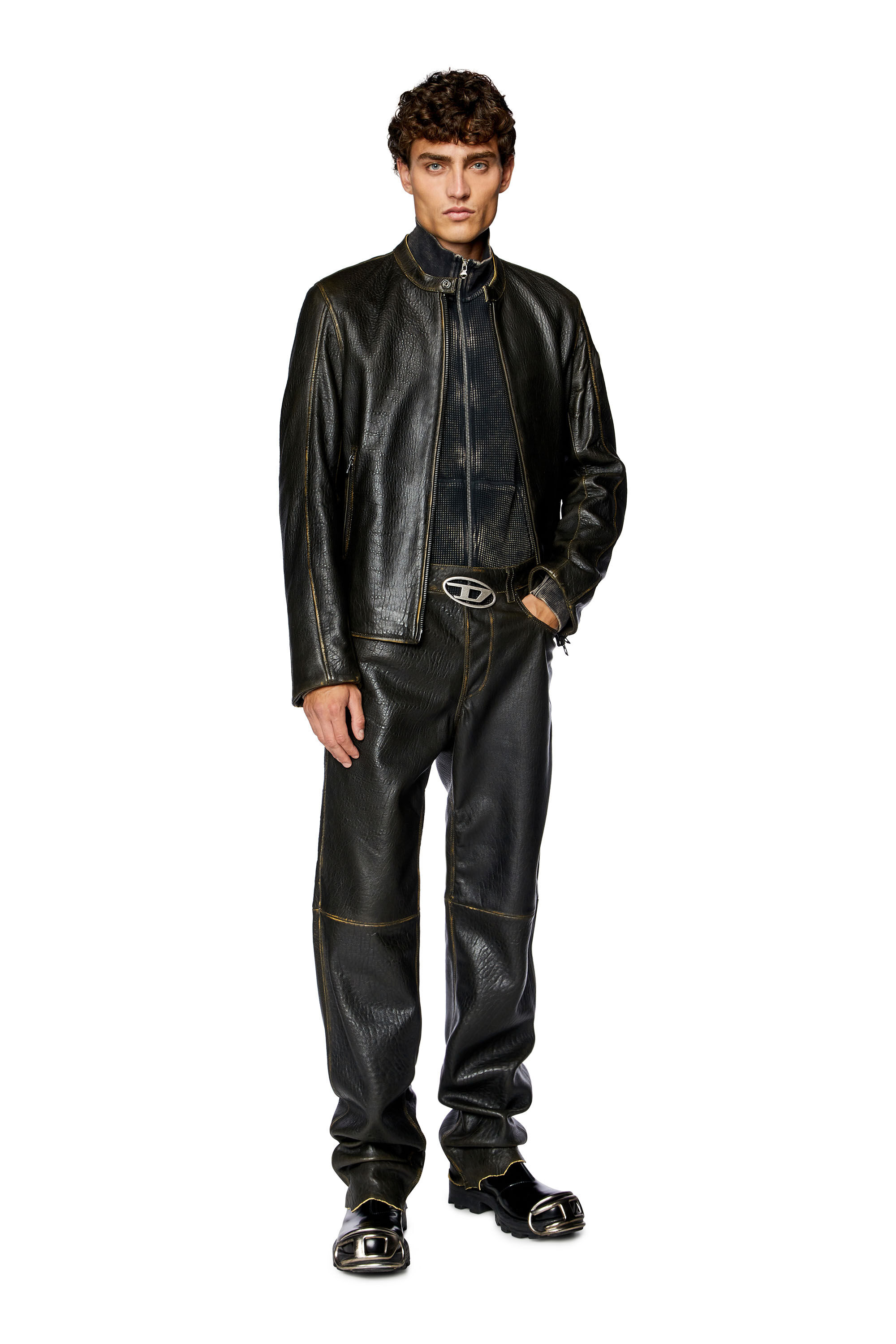 Diesel - L-COBBE, Man's Biker jacket in wrinkled leather in Brown - 1