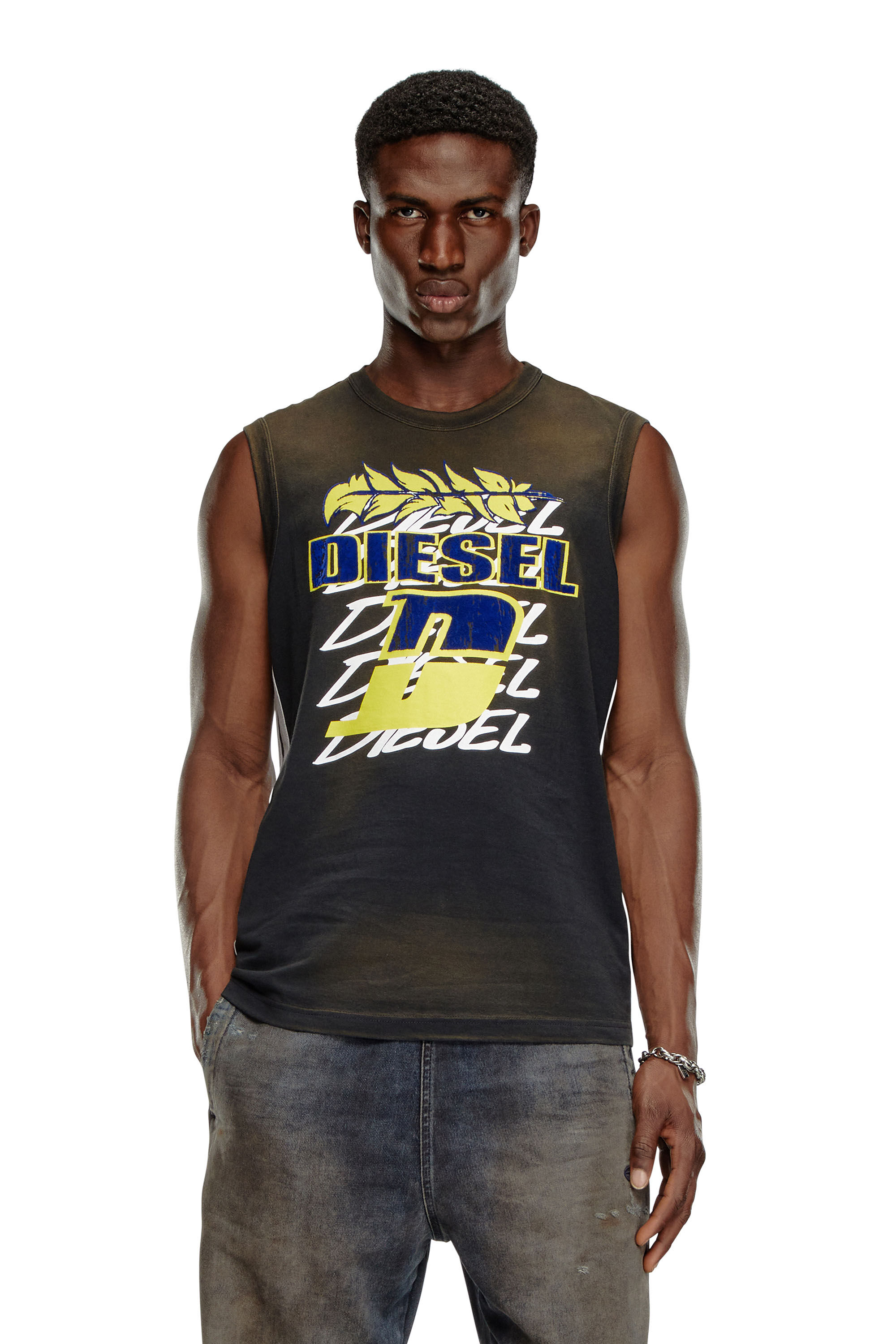 Diesel - T-BISCO-STRIPE, Male's Sun-faded tank top with side bands in Black - 3