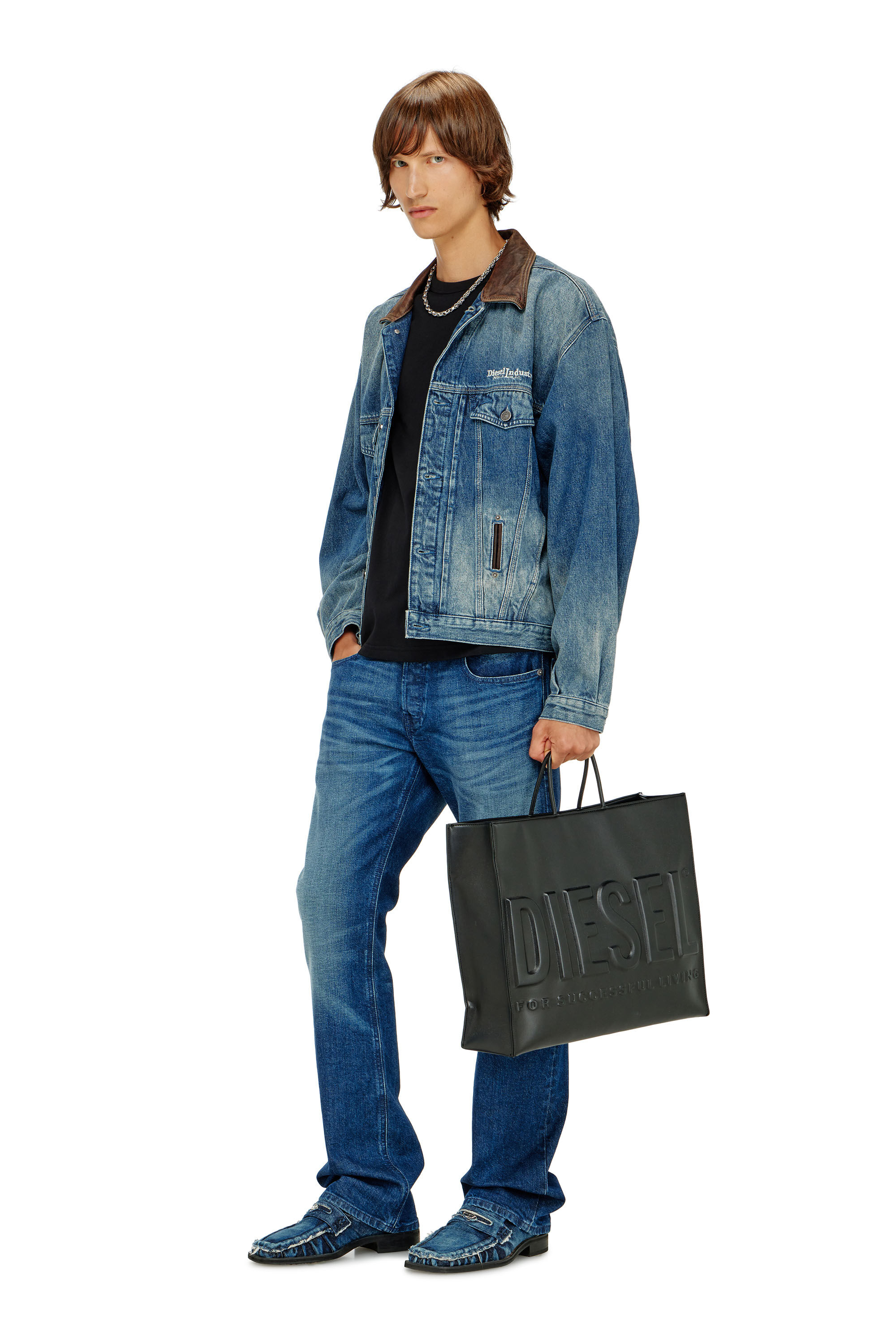 DIESELデニムジャケット Women's Denim trucker jacket with contrast leather trims | Blue