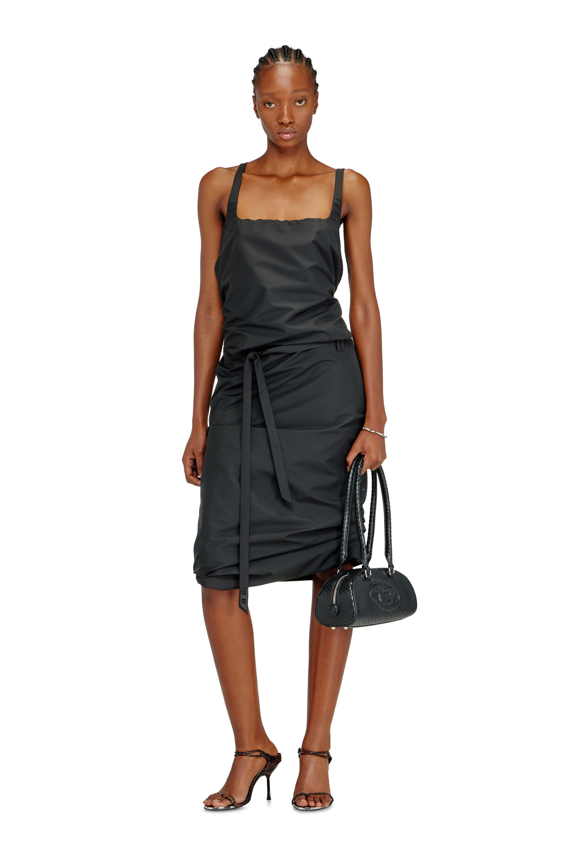 Diesel - D-SANAT, Female's Open-back apron dress in taffeta in Black - 1