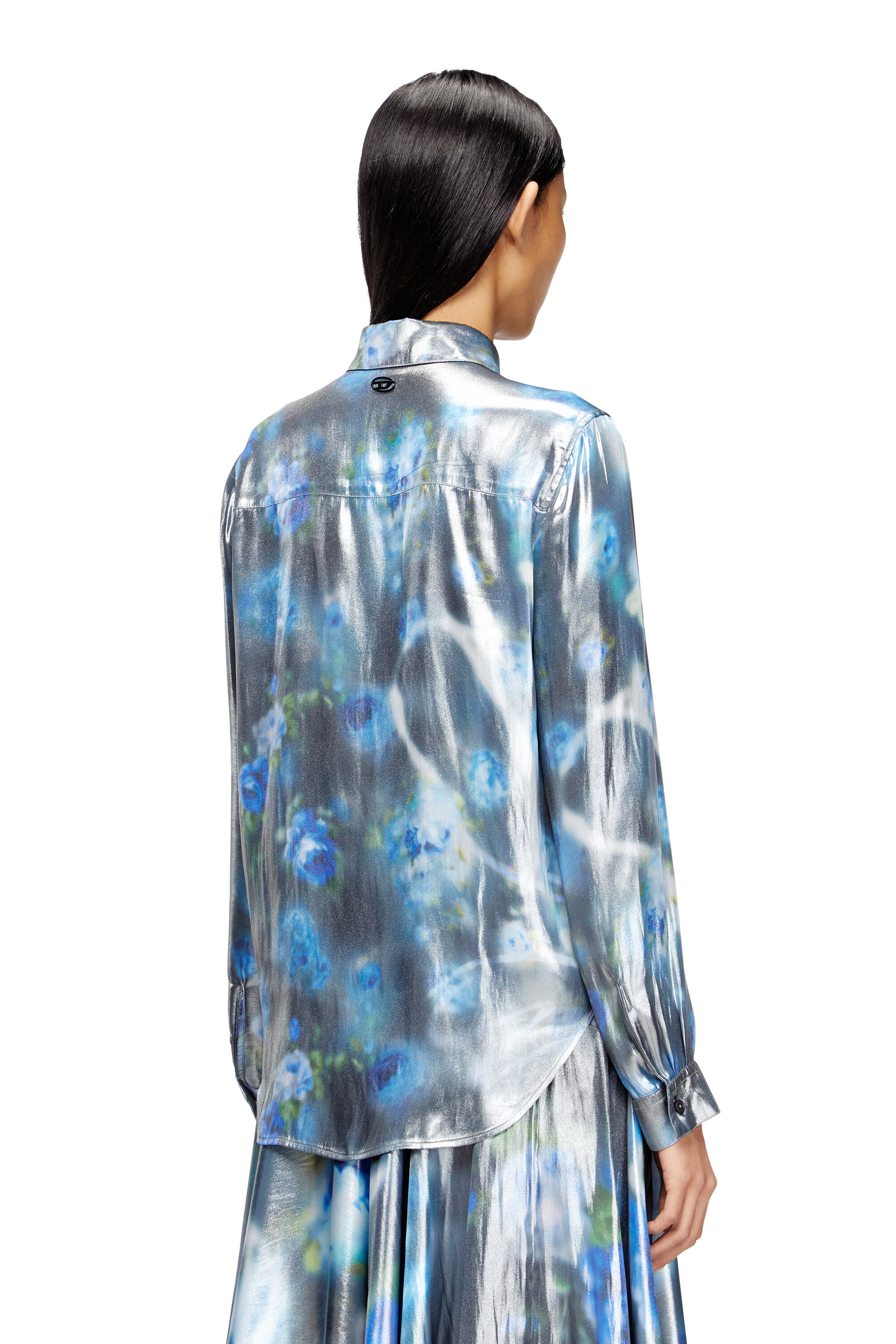 Diesel - C-RONOR-S2, Camisa metálica con estampado de rosas difusas Mujer in Azul marino - 4