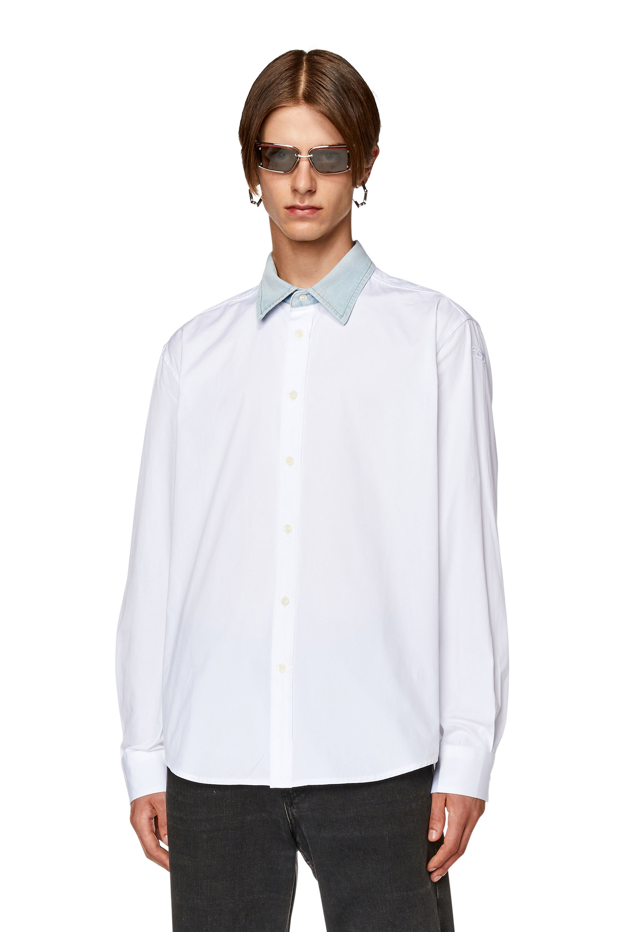 Diesel - S-HOLLS, Chemise en coton avec col en denim Homme in Blanc - 3