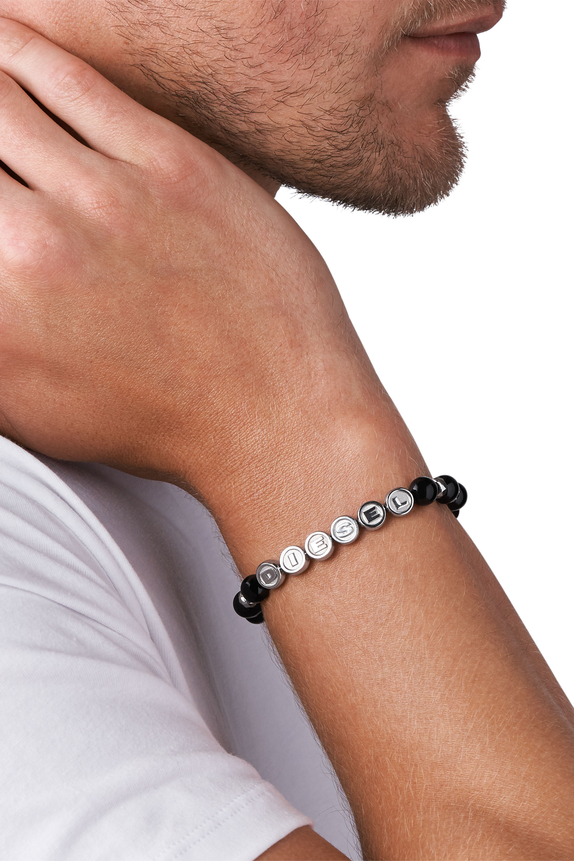 Diesel - DX1267, Man's Diesel Stainless Steel Semi-Precious Beaded Bracelet in Black/Silver - 3
