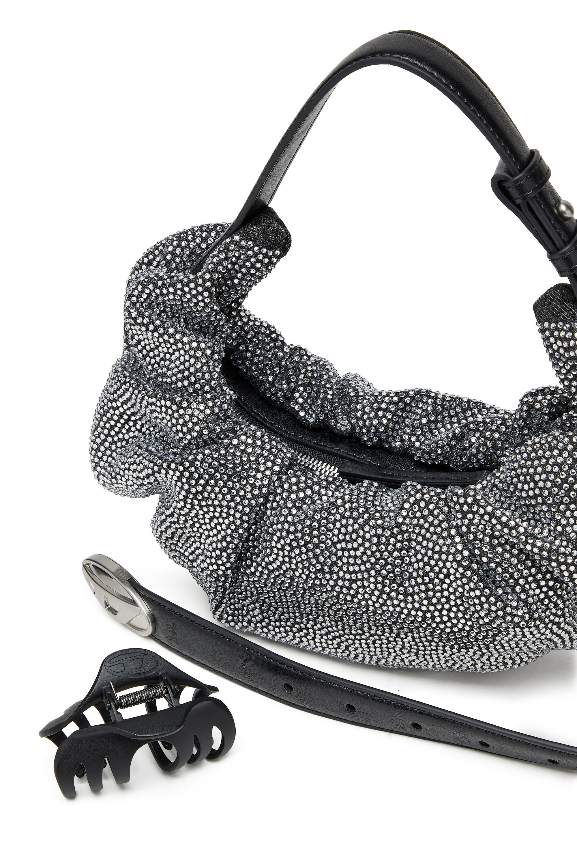 Diesel - GRAB-D HOBO S, Petit sac hobo froissé en denim à cristaux Femme in Noir - 6