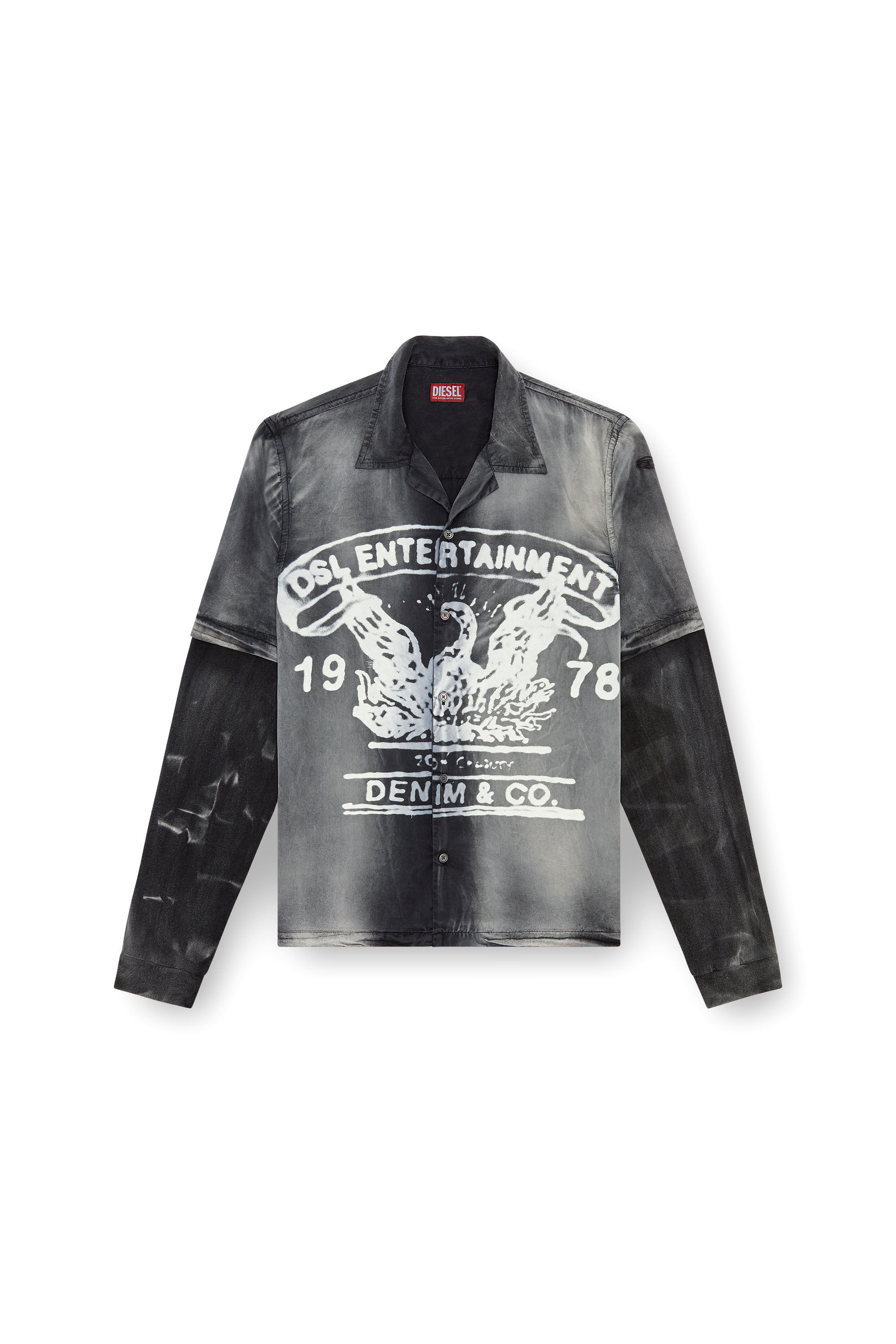 Diesel - S-EEKLO, Male's Faded bowling shirt with logo graphic in Black/Grey - 2