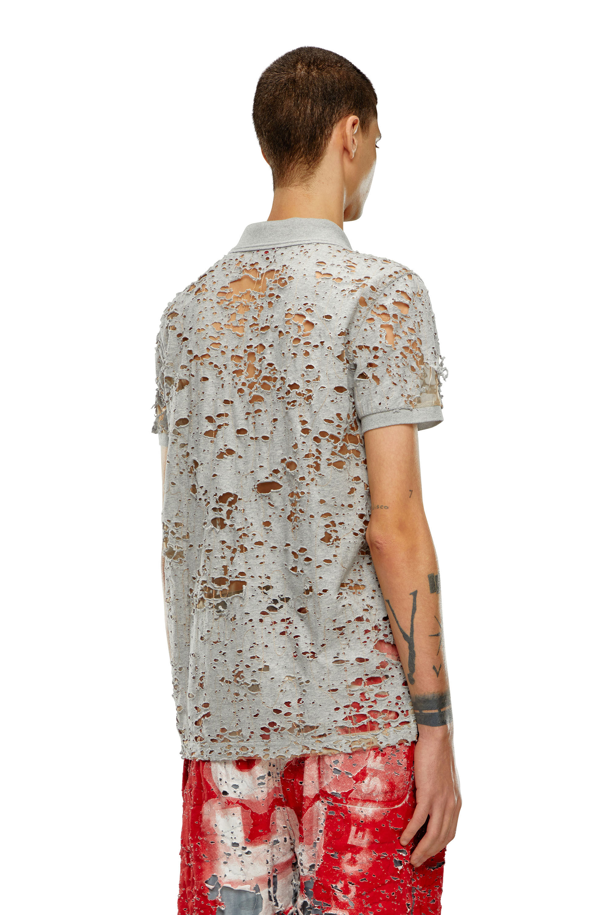 Diesel - T-SMITH-DEVOR, Male's Tulle polo shirt with destroyed jersey in Light Grey - 5