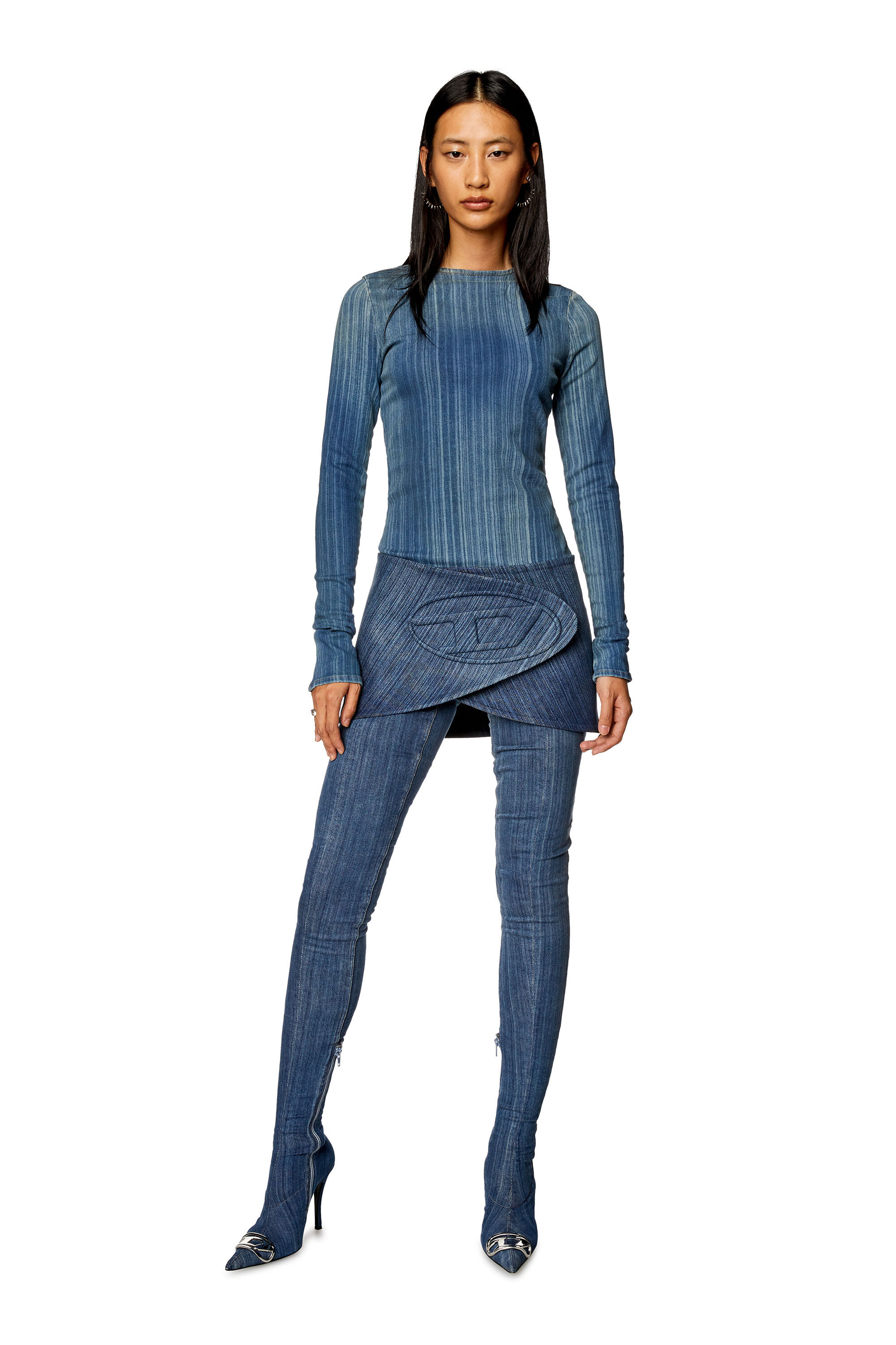 Diesel - DE-LORI-FSD, Jupe-ceinture en denim strié Femme in Bleu - 1