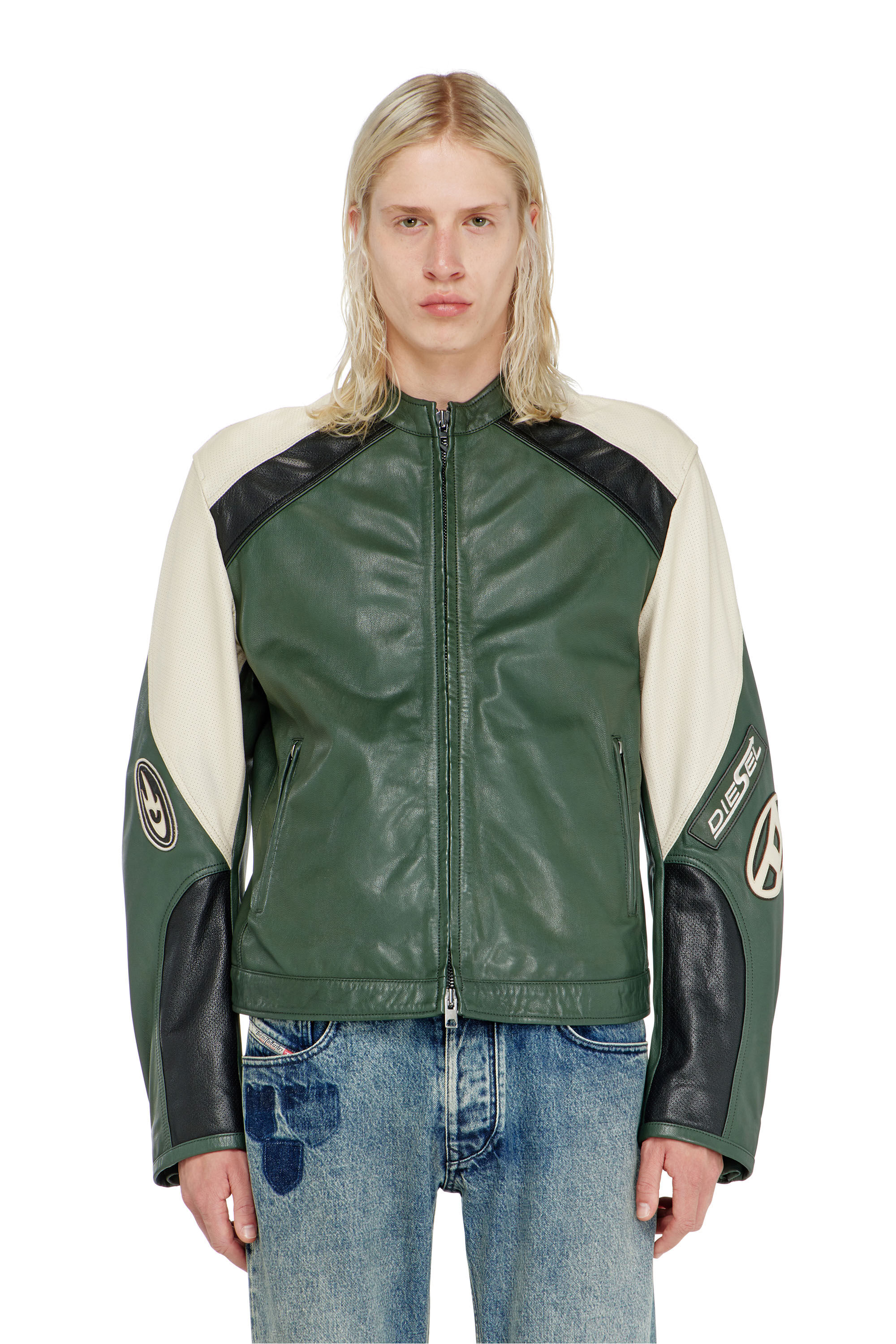 Men's Biker jacket in colour-block perforated leather | Multicolor