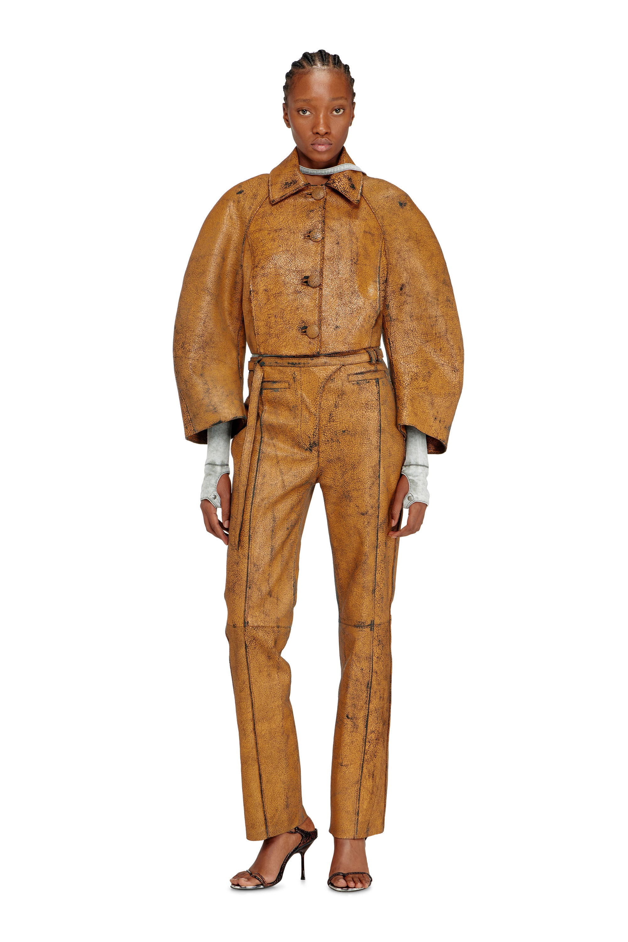 Women's Cropped cocoon jacket in crackle leather | Brown | Diesel