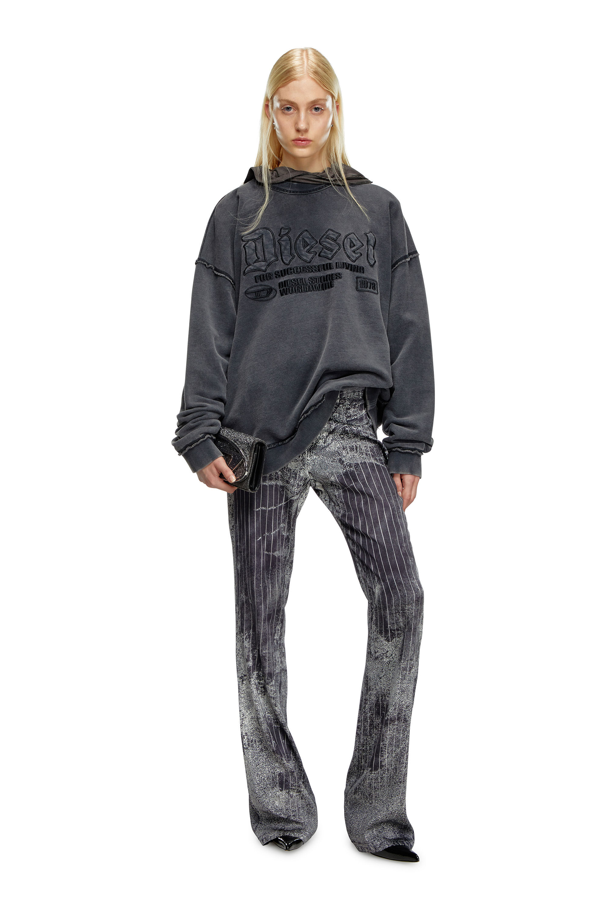 Diesel - P-RETTY, Female's Bootcut satin pants with pinstripe print in Black - 1