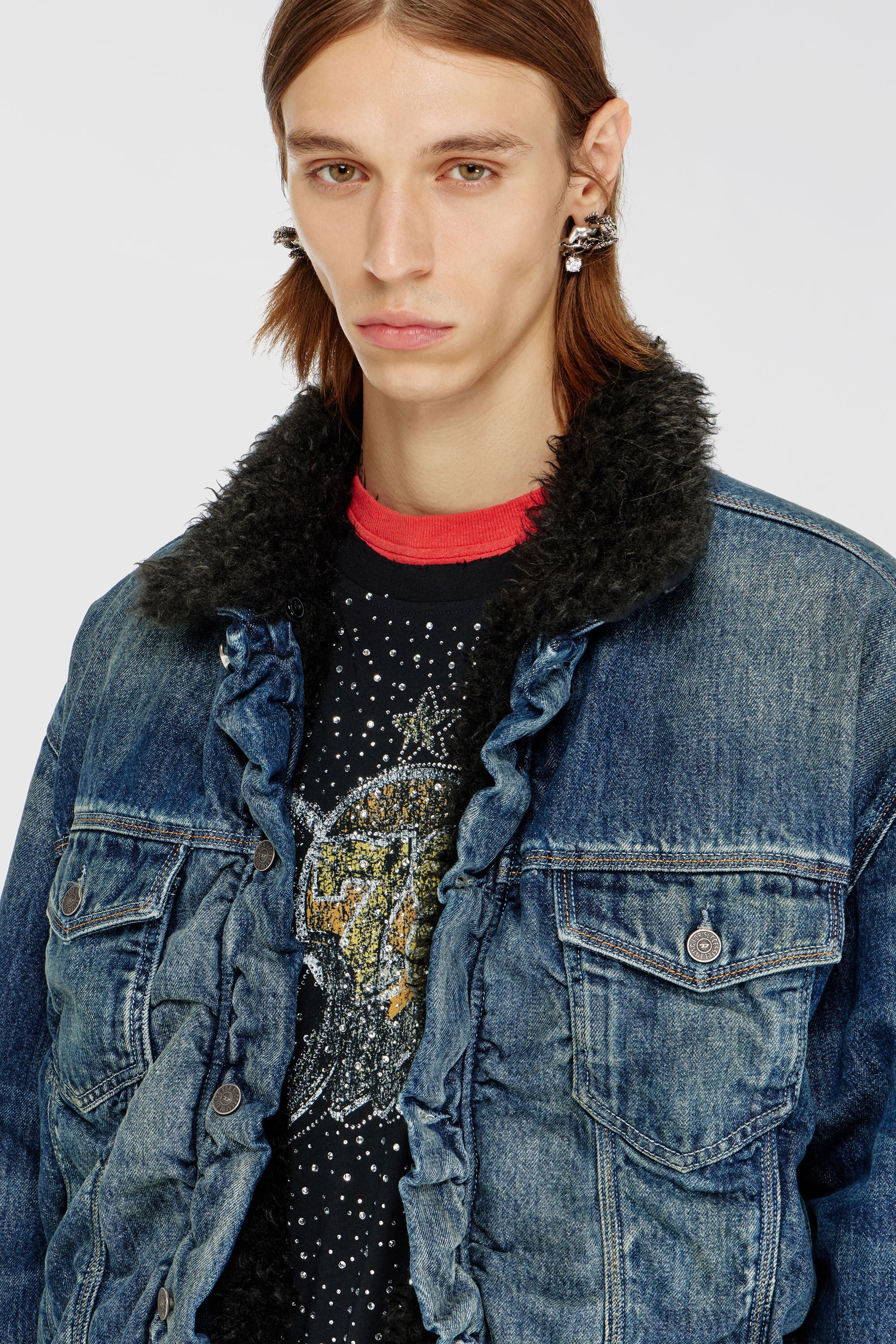 Diesel - D-CURLY-FSJ1, Unisex's Teddy-lined trucker jacket in denim in Dark Blue - 4