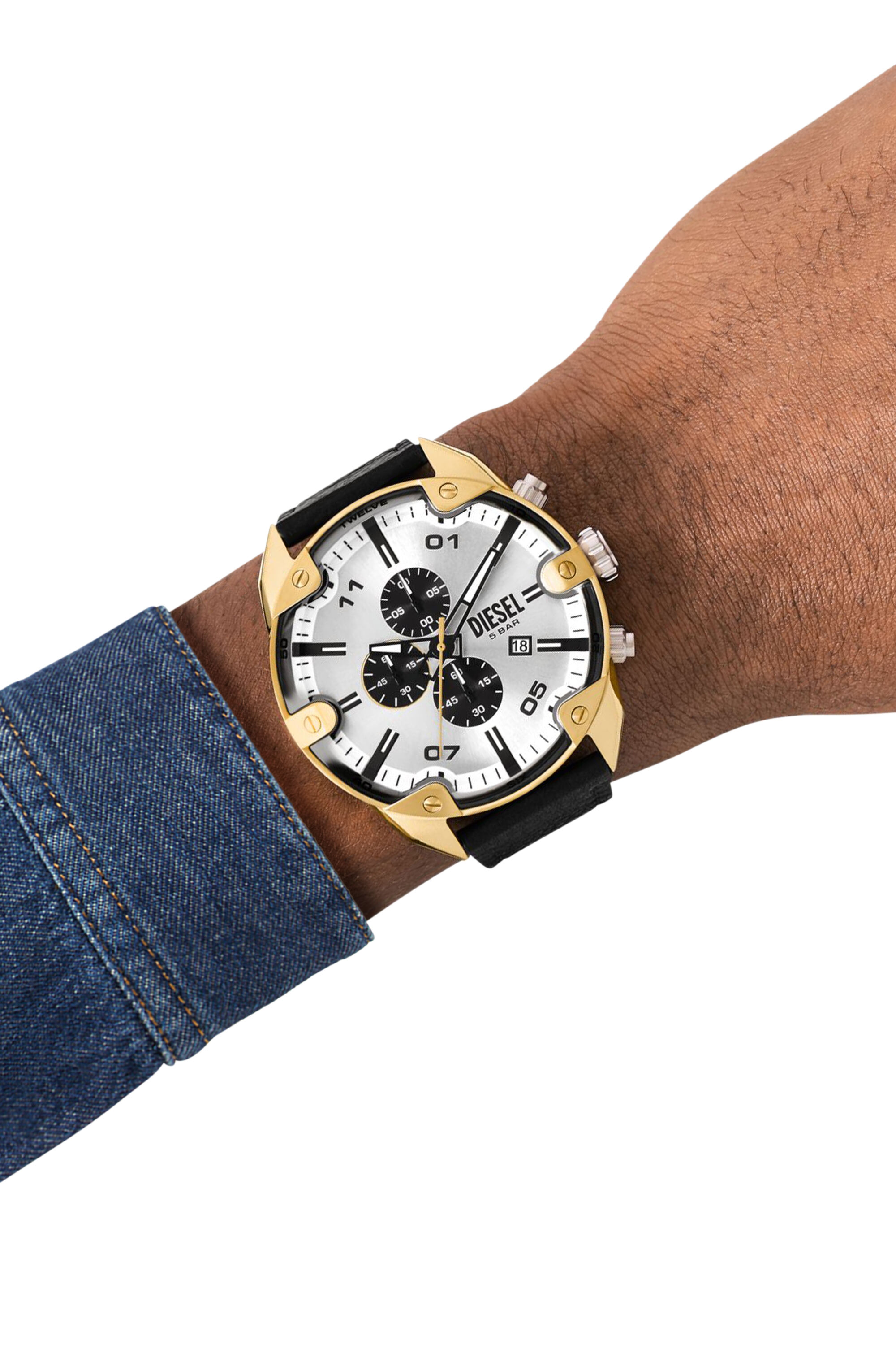 DIESEL 時計 Men's Spiked Chronograph Black Leather Watch | Black | Diesel
