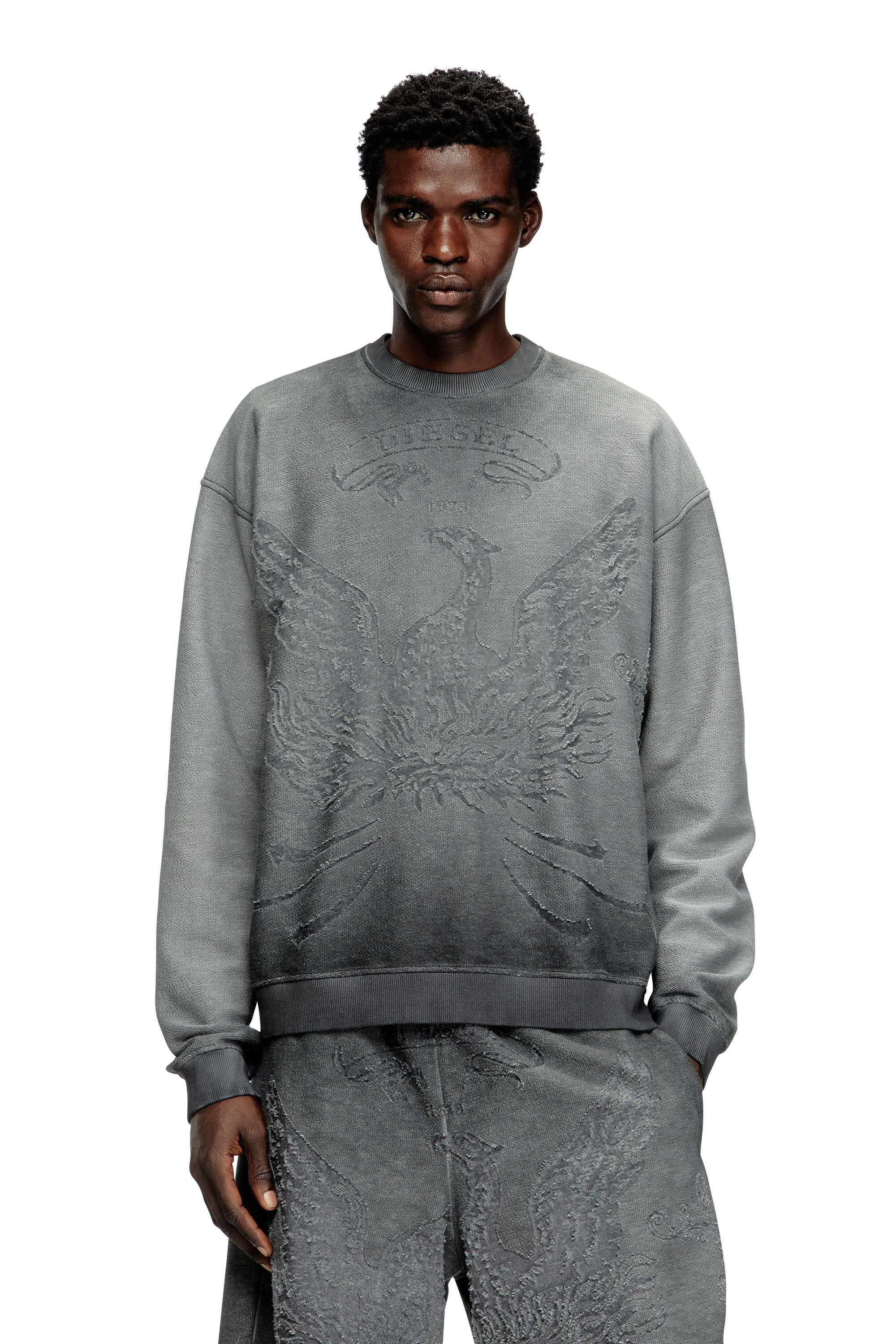 Men's Faded sweatshirt with devoré Phoenix logo | Grey | Diesel US