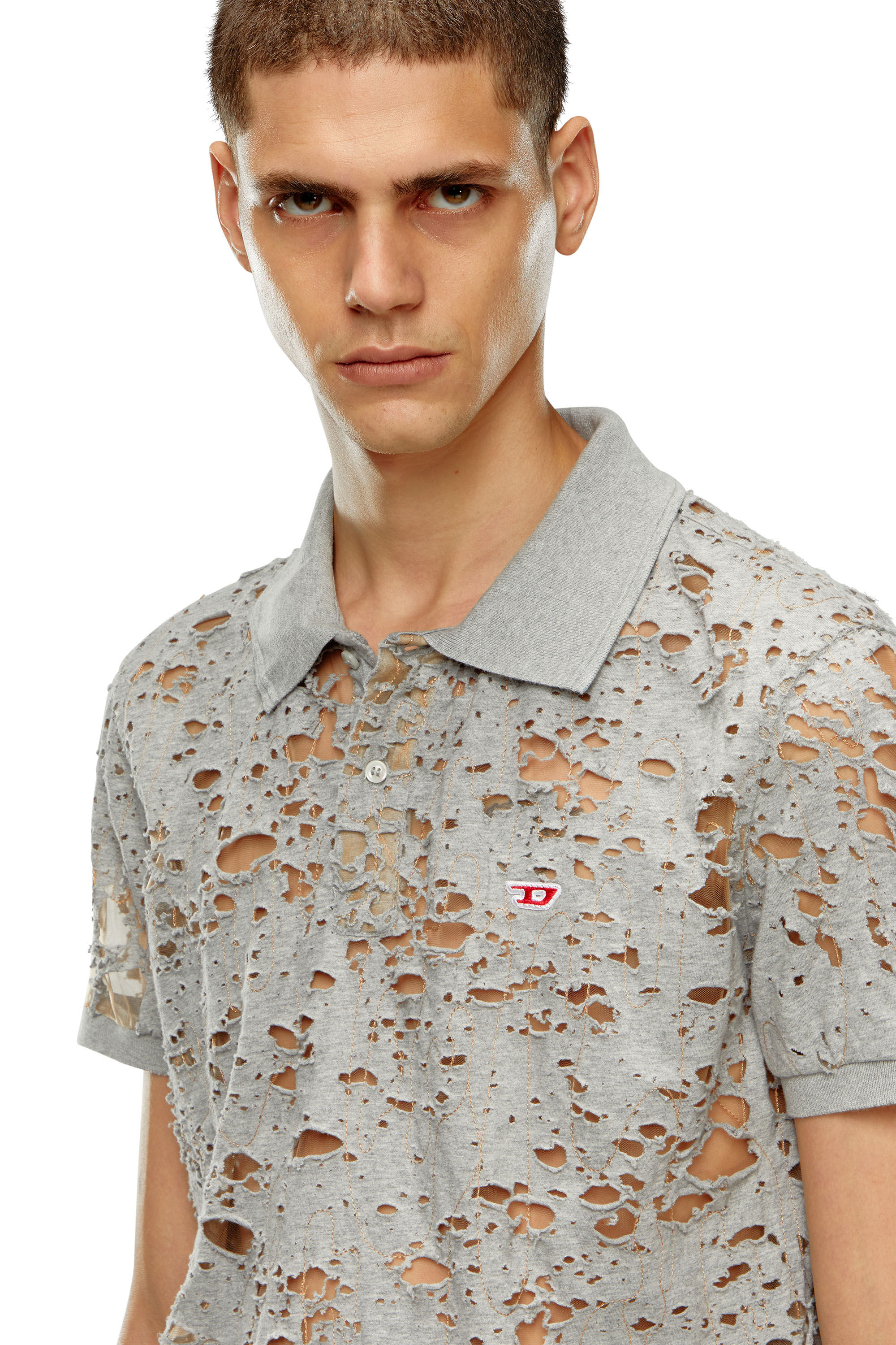 Diesel - T-SMITH-DEVOR, Male's Tulle polo shirt with destroyed jersey in Light Grey - 4